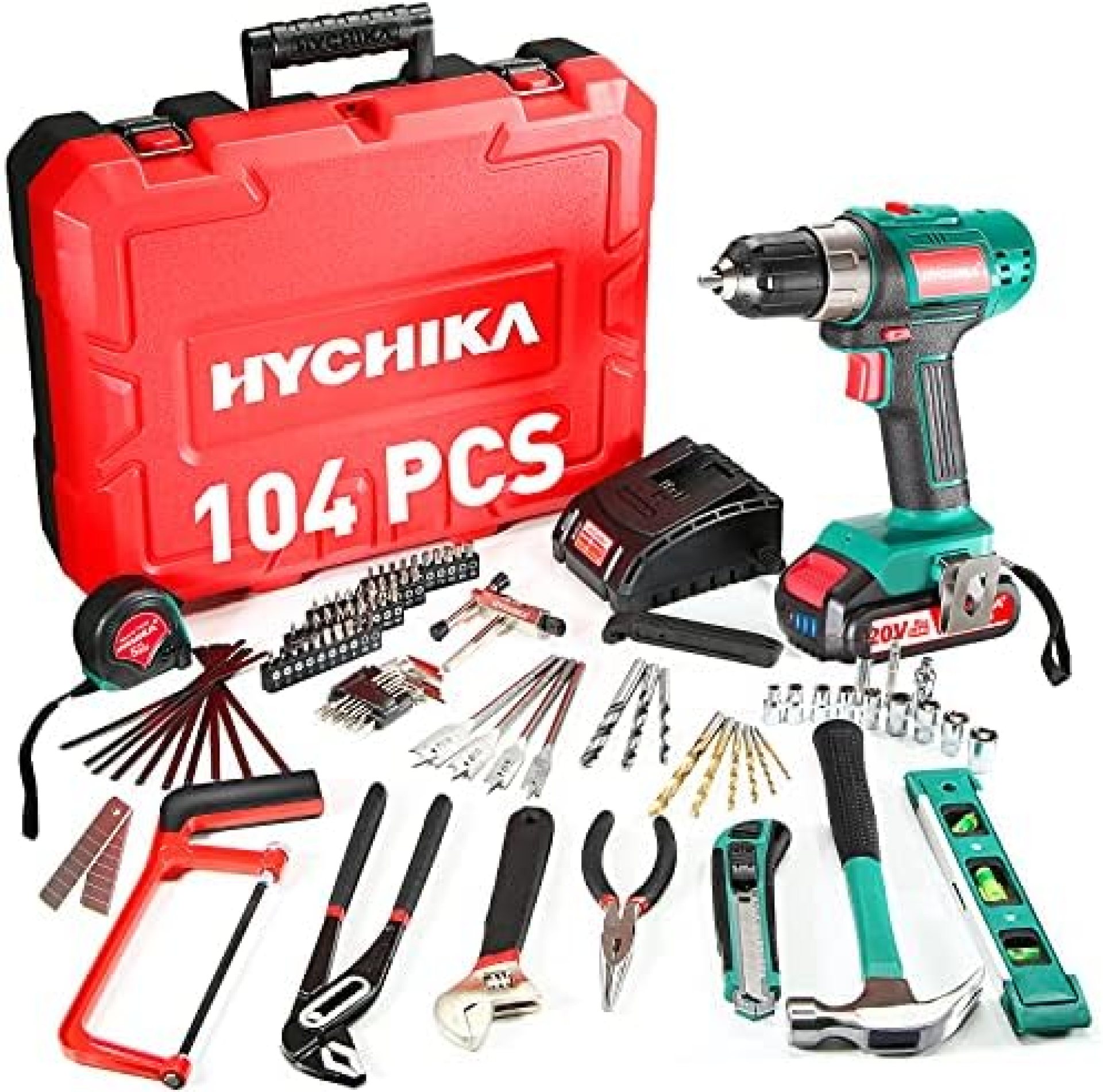 HYCHIKA 18V Home Tool Kit with Case, 104 PCS Cordless Drill Driver Tool kit with Battery&Charger for Garden Office Home Repair Maintain,Power Tools Combo Kit HYCHIKA 18V Home Tool Kit with Case, 104 PCS Cordless Drill Driver Tool kit with Battery&Charger for Garden Office Home Repair Maintain,Power Tools Combo Kit