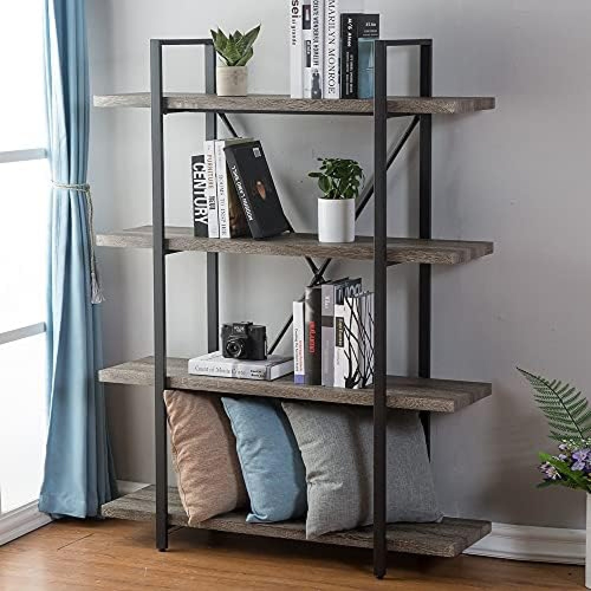 HSH 4-Shelf Vintage Industrial Bookshelf, Rustic Wood and Metal Bookcase, Open Wide Office Etagere Book Shelf, Grey Oak HSH 4-Shelf Vintage Industrial Bookshelf, Rustic Wood and Metal Bookcase, Open Wide Office Etagere Book Shelf, Grey Oak