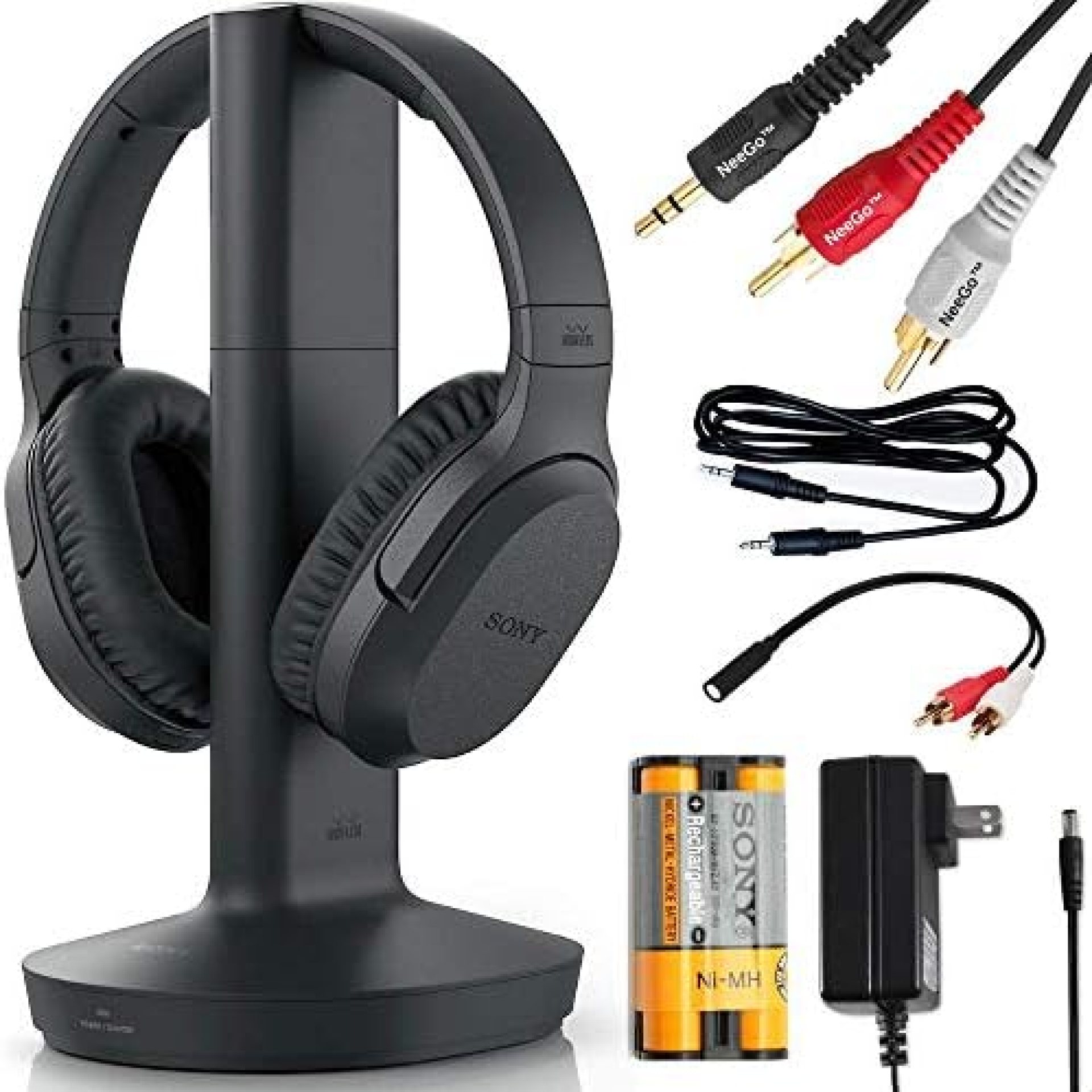 SONY Wireless Headphones for TV Watching (WHRF400R) with Transmitter Dock (TMRRF400) – 6-ft 3.5mm Stereo + NeeGo RCA Plug Y-Adapter for TV SONY Wireless Headphones for TV Watching (WHRF400R) with Transmitter Dock (TMRRF400) – 6-ft 3.5mm Stereo + NeeGo RCA Plug Y-Adapter for TV