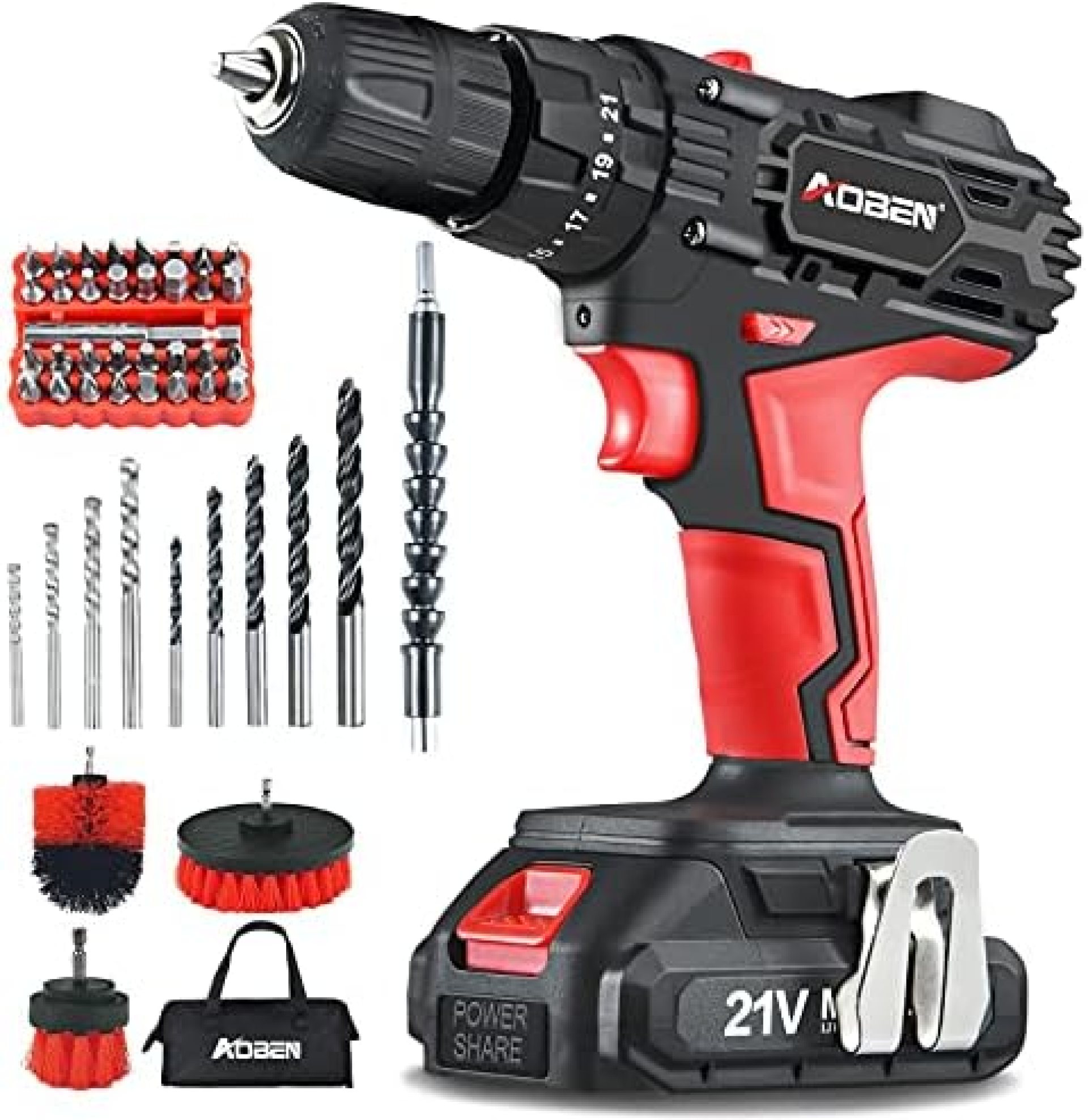 AOBEN Cordless Drill Driver Kit,21V Impact Power Drill Set (2.0Ah),3/8″ Keyless Chuck,21+3Clutch,2 Variable Speed,350 in-lb Turque,LED Lights & Screen,with 41 Accosories Bits,3 Cleaning Brushes AOBEN Cordless Drill Driver Kit,21V Impact Power Drill Set (2.0Ah),3/8″ Keyless Chuck,21+3Clutch,2 Variable Speed,350 in-lb Turque,LED Lights & Screen,with 41 Accosories Bits,3 Cleaning Brushes
