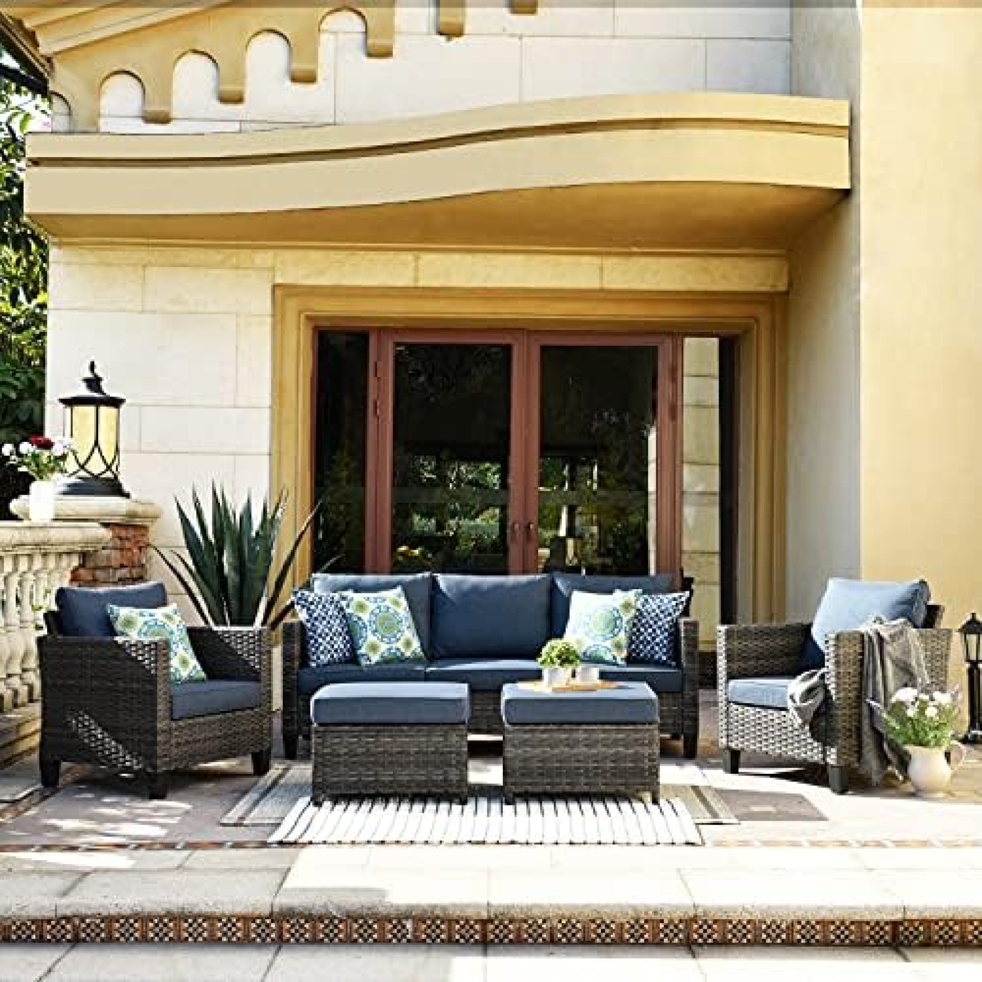 XIZZI Patio Furniture, Outdoor Garden Sofa sectional, Wicker Patio Furniture with Wather Resistant Cushion and 2 Pillows (Blue) XIZZI Patio Furniture, Outdoor Garden Sofa sectional, Wicker Patio Furniture with Wather Resistant Cushion and 2 Pillows (Blue)