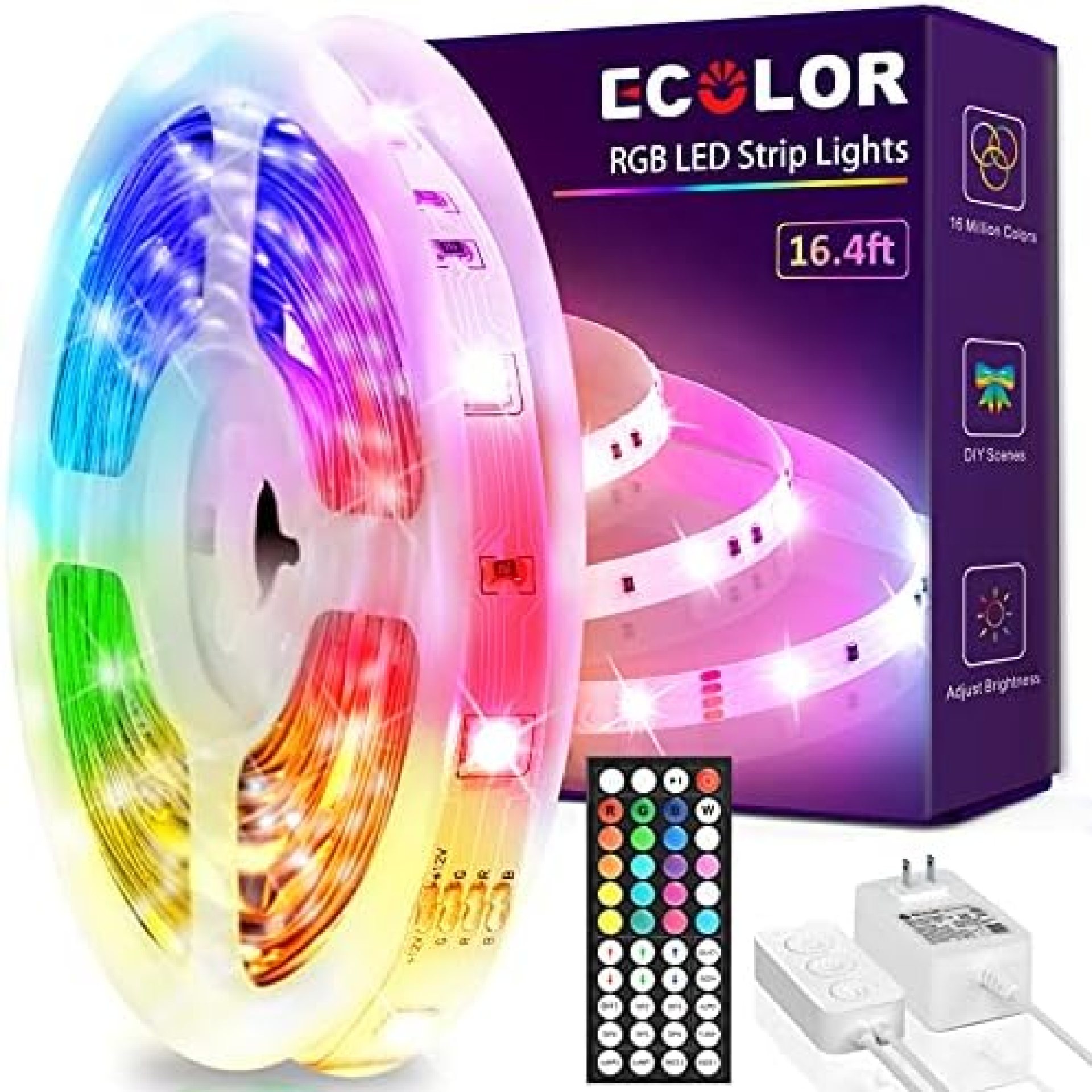 ECOLOR 16.4ft LED Strip Lights 5050 RGB Color Changing Light Strips with 44 Keys IR Remote Control Smart Led Lights for Bedroom Kitchen Home Party Christmas Decoration ECOLOR 16.4ft LED Strip Lights 5050 RGB Color Changing Light Strips with 44 Keys IR Remote Control Smart Led Lights for Bedroom Kitchen Home Party Christmas Decoration