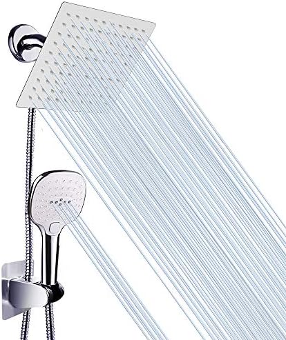 Shower Head with Hose, High Pressure Stainless Steel 8 Inch Rain Showerhead and 3 Settings Handheld Shower Spray Combo with Push Button Flow Control(NearMoon Square Shower Head Set) Shower Head with Hose, High Pressure Stainless Steel 8 Inch Rain Showerhead and 3 Settings Handheld Shower Spray Combo with Push Button Flow Control(NearMoon Square Shower Head Set)