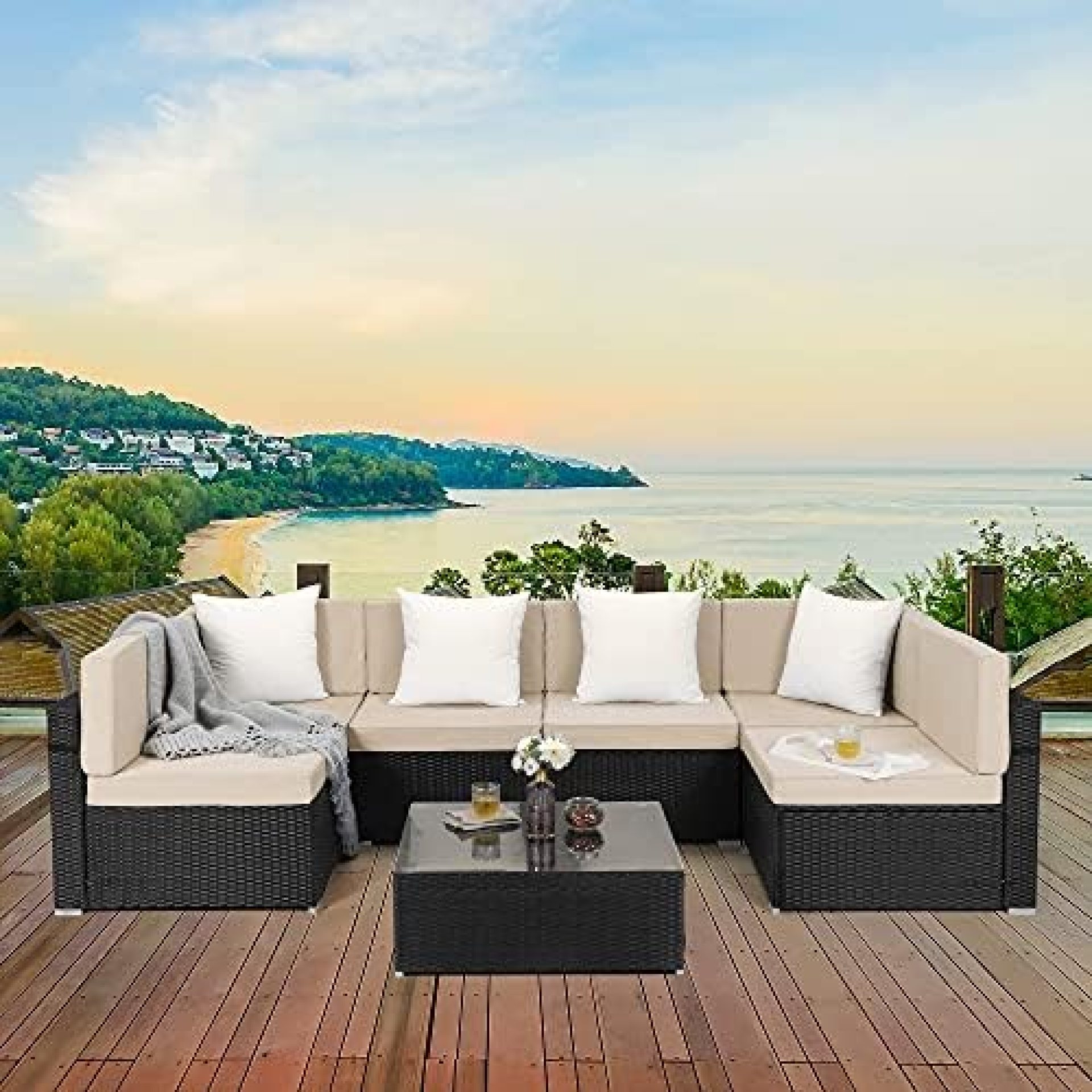 PAMAPIC 7 Pieces Patio Furniture Sets,Patio Conversation Sets,Outdoor Sectional Sofa with Coffee Table and Washable Cushions Covers, Black Rattan(Beige) PAMAPIC 7 Pieces Patio Furniture Sets,Patio Conversation Sets,Outdoor Sectional Sofa with Coffee Table and Washable Cushions Covers, Black Rattan(Beige)