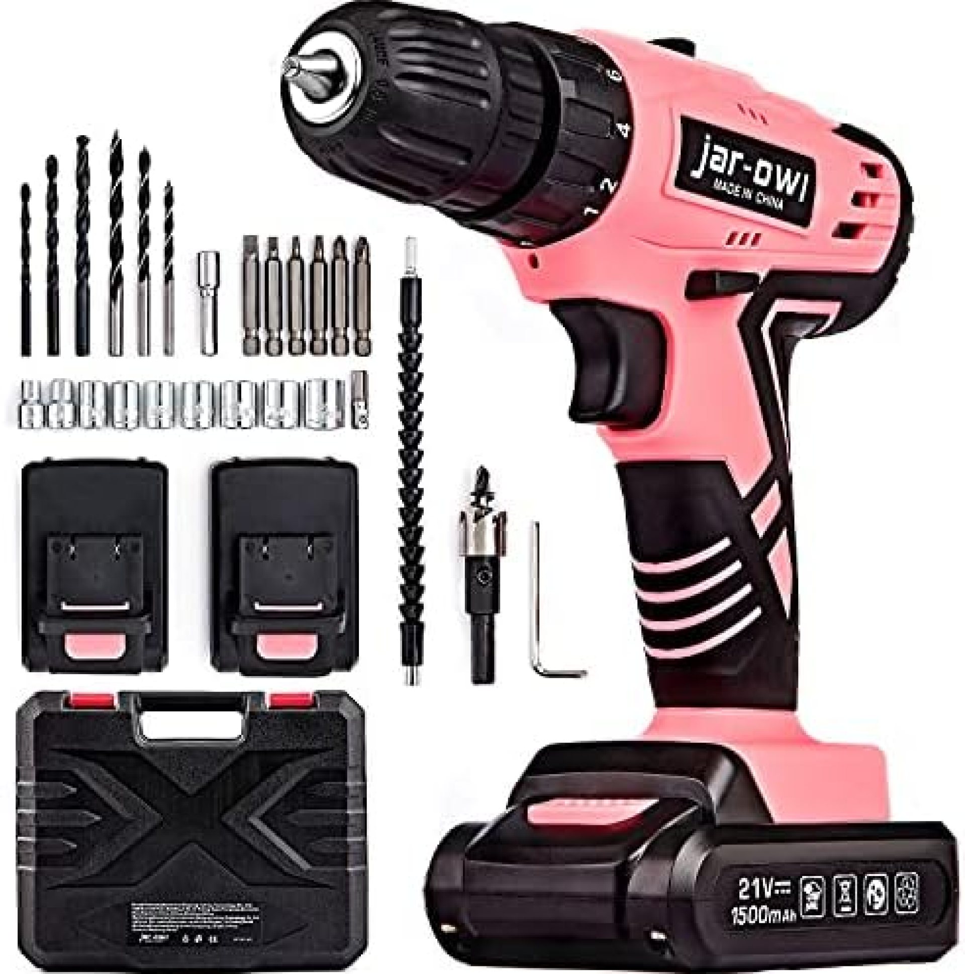 jar-owl 21V Pink Cordless Drill Driver with Work Light, Max Torque 35N.m, 3/8 Inch Keyless Chuck, 18+1 Position, Single Speed 0-350 RPM/0-1350 RPM, 1.5Ah 2PC Battery and Charger for Home Tool Kit jar-owl 21V Pink Cordless Drill Driver with Work Light, Max Torque 35N.m, 3/8 Inch Keyless Chuck, 18+1 Position, Single Speed 0-350 RPM/0-1350 RPM, 1.5Ah 2PC Battery and Charger for Home Tool Kit