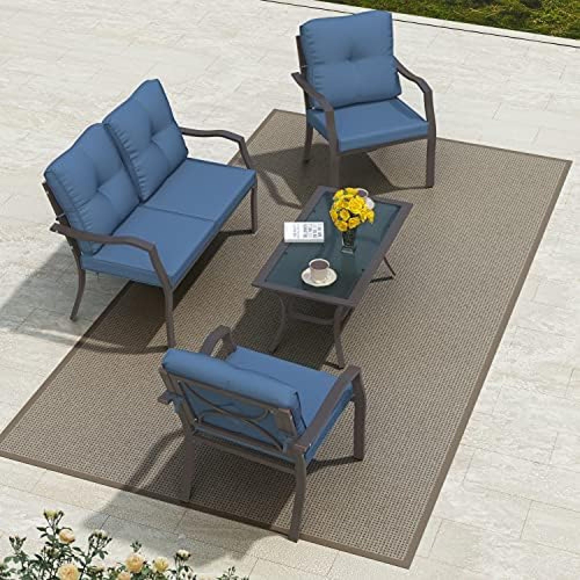 Gotland Outdoor Metal Patio Furniture Sets 4 Pieces Patio Sectional Porch Sofa Chairs Set Garden Loveseat Steel Frame Outdoor Couch Yard Conversation Set w/Coffee Table & Navy Blue Thickened Cushions Gotland Outdoor Metal Patio Furniture Sets 4 Pieces Patio Sectional Porch Sofa Chairs Set Garden Loveseat Steel Frame Outdoor Couch Yard Conversation Set w/Coffee Table & Navy Blue Thickened Cushions