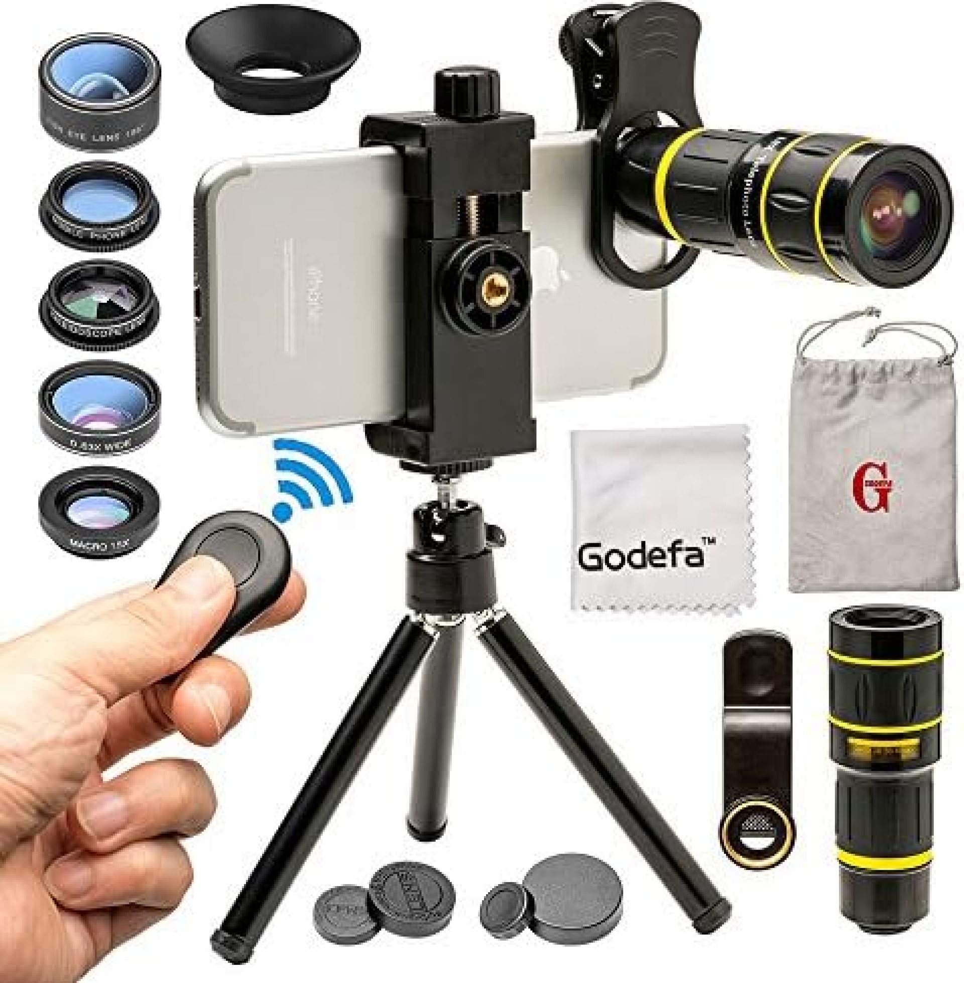 Godefa Cell Phone Camera Lens with Tripod+ Shutter Remote,6 in 1 18x Telephoto Zoom Lens/Wide Angle/Macro/Fisheye/Kaleidoscope/CPL, Clip-On lense Compatible for iPhone X 8 7 6s Plus, Samsung and More Godefa Cell Phone Camera Lens with Tripod+ Shutter Remote,6 in 1 18x Telephoto Zoom Lens/Wide Angle/Macro/Fisheye/Kaleidoscope/CPL, Clip-On lense Compatible for iPhone X 8 7 6s Plus, Samsung and More
