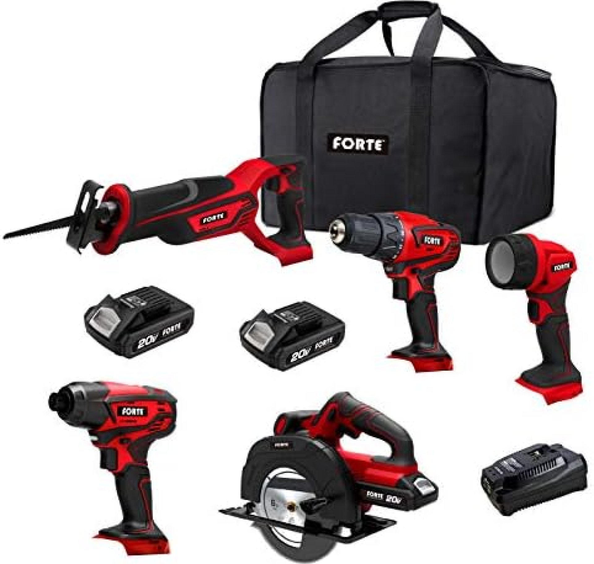 FORTE 20V Max 5-Tool Kit, Drill Driver, Impact Driver, Reciprocating Saw, Circular Saw and Flashlight with 2pcs Li-ion Batteries and Quick Charger FORTE 20V Max 5-Tool Kit, Drill Driver, Impact Driver, Reciprocating Saw, Circular Saw and Flashlight with 2pcs Li-ion Batteries and Quick Charger