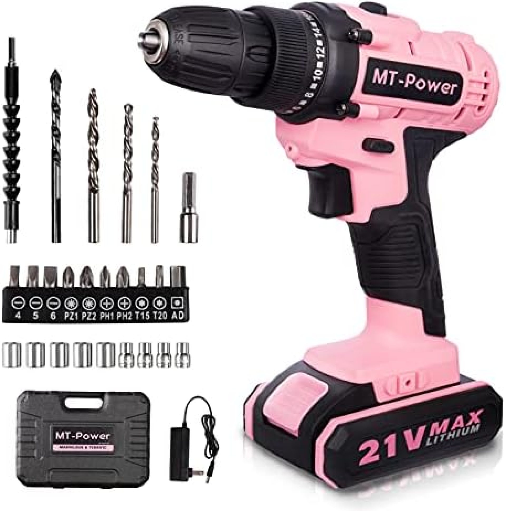 MT-Power 21V Max Pink Cordless Drill Tool Set, Electric Screwdriver with 25 Pieces Drill Bit Set, Power Drill Tool Kit, Cordless Drill for Women MT-Power 21V Max Pink Cordless Drill Tool Set, Electric Screwdriver with 25 Pieces Drill Bit Set, Power Drill Tool Kit, Cordless Drill for Women
