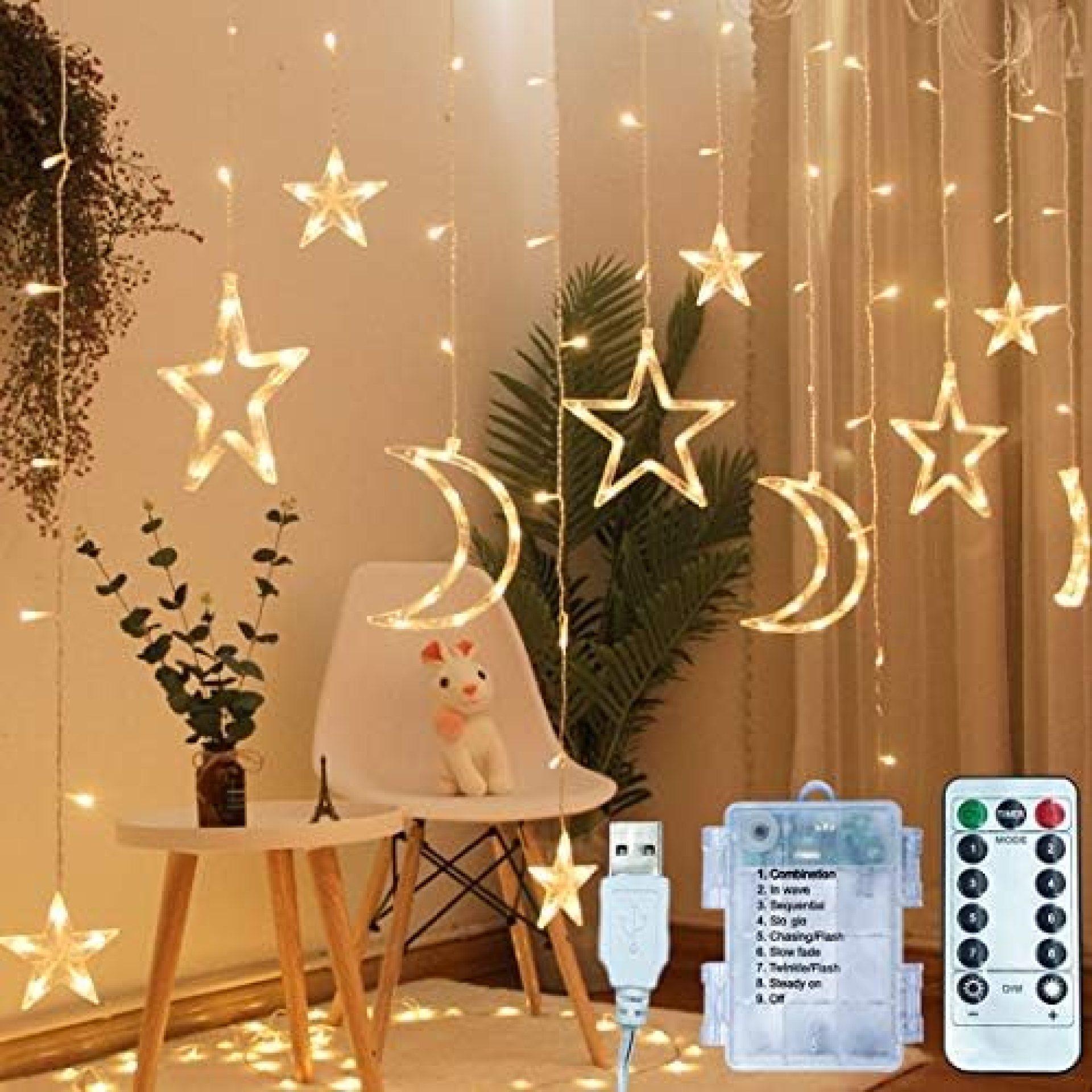 ALFEUND 138 Led Curtain String Light Star Moon Icicle Light with 8 Lighting Modes with Timer Remote USB Operated Dimmable Fairy String for Window Wall Home Decoration ALFEUND 138 Led Curtain String Light Star Moon Icicle Light with 8 Lighting Modes with Timer Remote USB Operated Dimmable Fairy String for Window Wall Home Decoration