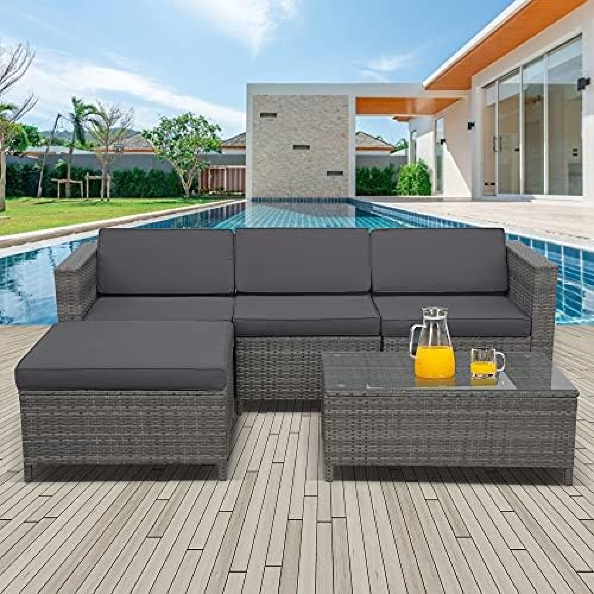 Outdoor Patio Furniture Set, 5 Pieces All-Weather Grey Wicker Rattan Outdoor Sectional Small Patio Sofa Set Couch Conversation Set w/Ottoman, Dark Grey Washable Cushions Outdoor Patio Furniture Set, 5 Pieces All-Weather Grey Wicker Rattan Outdoor Sectional Small Patio Sofa Set Couch Conversation Set w/Ottoman, Dark Grey Washable Cushions