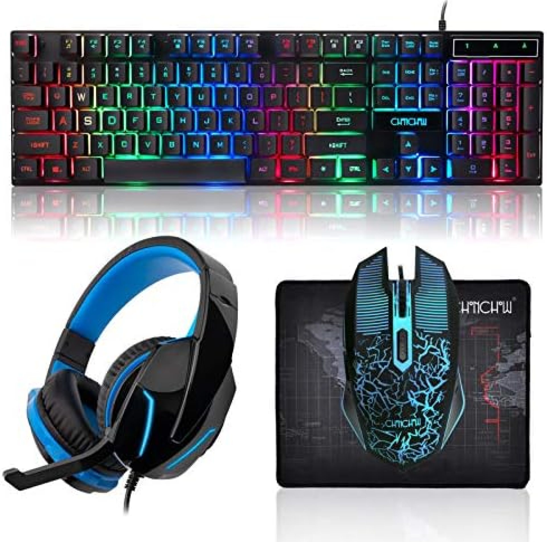 CHONCHOW Gaming Keyboard Mouse and Gaming Headset and Mouse Pad Combo, Rainbow LED Backlit USB Wired, All in 1 PC Gamer Bundle for PC, Tablet, Mobile Phones CHONCHOW Gaming Keyboard Mouse and Gaming Headset and Mouse Pad Combo, Rainbow LED Backlit USB Wired, All in 1 PC Gamer Bundle for PC, Tablet, Mobile Phones