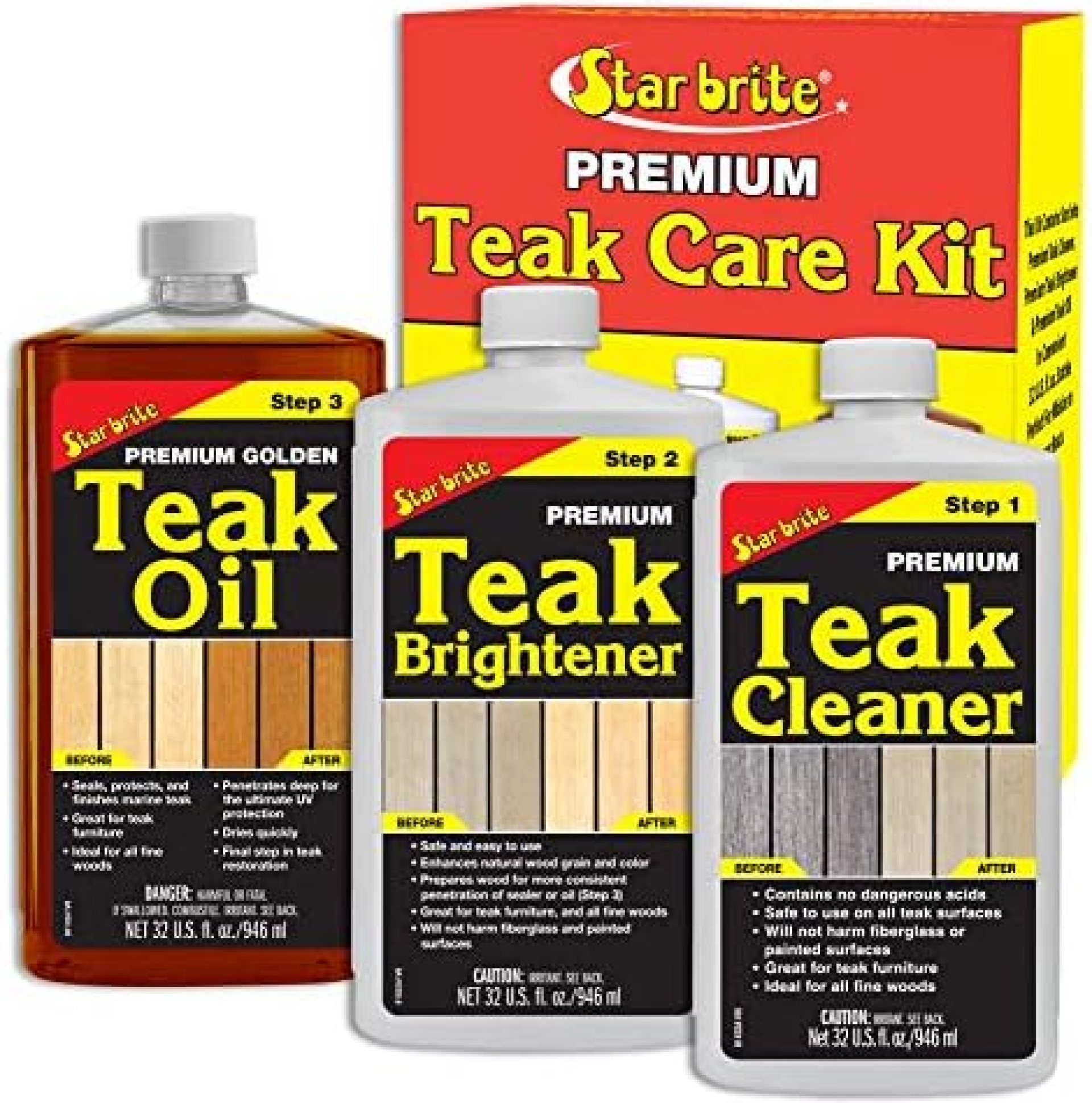 Premium Teak Care Kit – 3 Easy-to-use (32 Oz) Products to Restore, Beautify & Protect Marine Teak (946 ml) Premium Teak Care Kit – 3 Easy-to-use (32 Oz) Products to Restore, Beautify & Protect Marine Teak (946 ml)