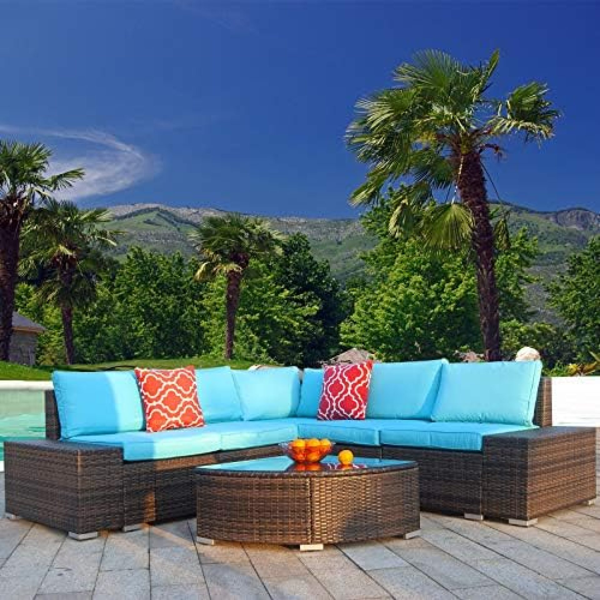 Polar Aurora 6pcs Patio Furniture Set PE Brown Rattan Wicker Sectional Outdoor Sofa Set Outside Couch w/Washable Seat Cushions & Modern Glass Wedge Table for Patio, Backyard, Pool-Blue Polar Aurora 6pcs Patio Furniture Set PE Brown Rattan Wicker Sectional Outdoor Sofa Set Outside Couch w/Washable Seat Cushions & Modern Glass Wedge Table for Patio, Backyard, Pool-Blue