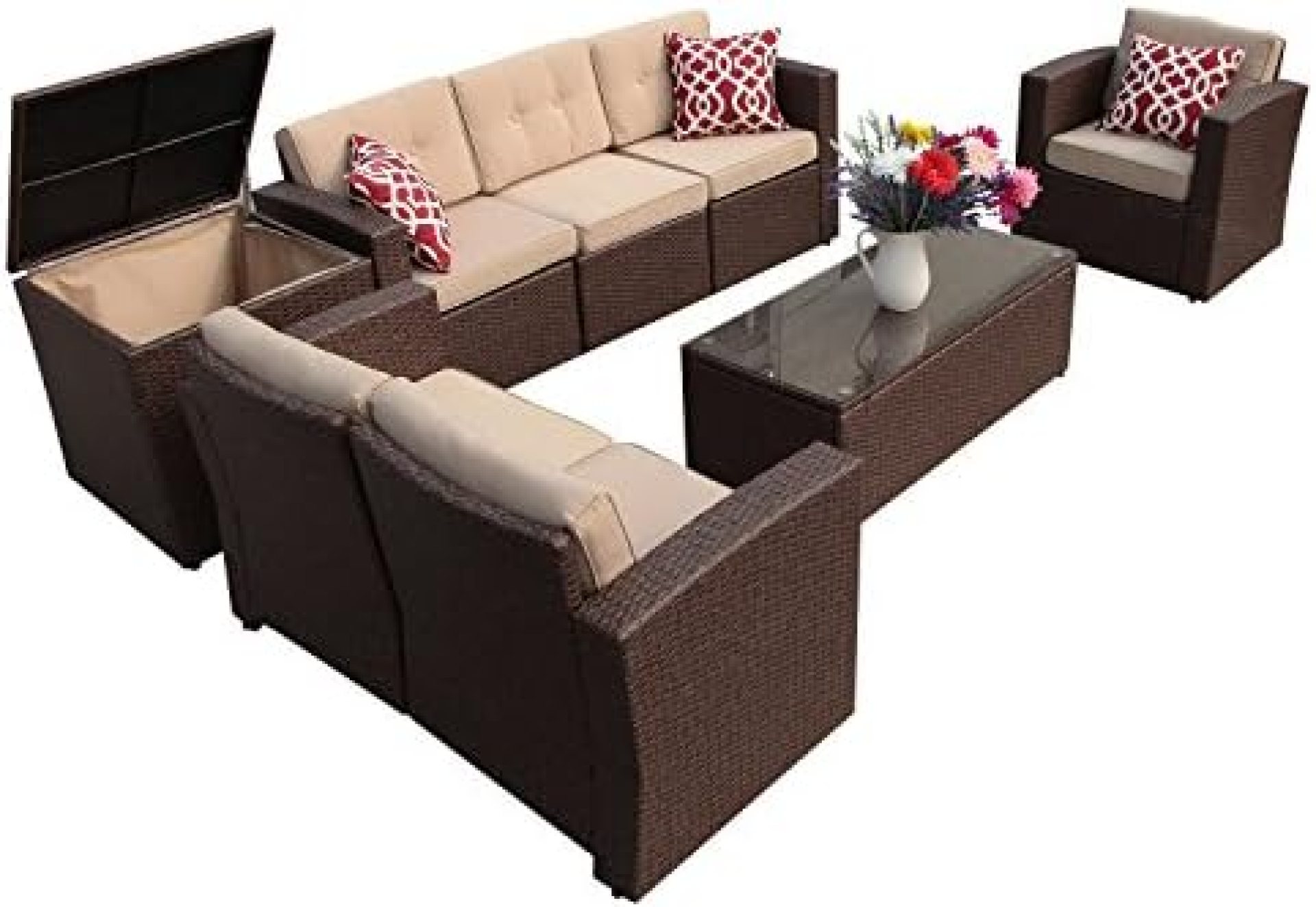 Super Patio Patio Furniture, 8 Piece Outdoor Furniture Set Wicker Sectional Furniture with Storage Box, Tempered Glass Table, Beige Cushions, Three Red Pillows, Brown Wicker Super Patio Patio Furniture, 8 Piece Outdoor Furniture Set Wicker Sectional Furniture with Storage Box, Tempered Glass Table, Beige Cushions, Three Red Pillows, Brown Wicker