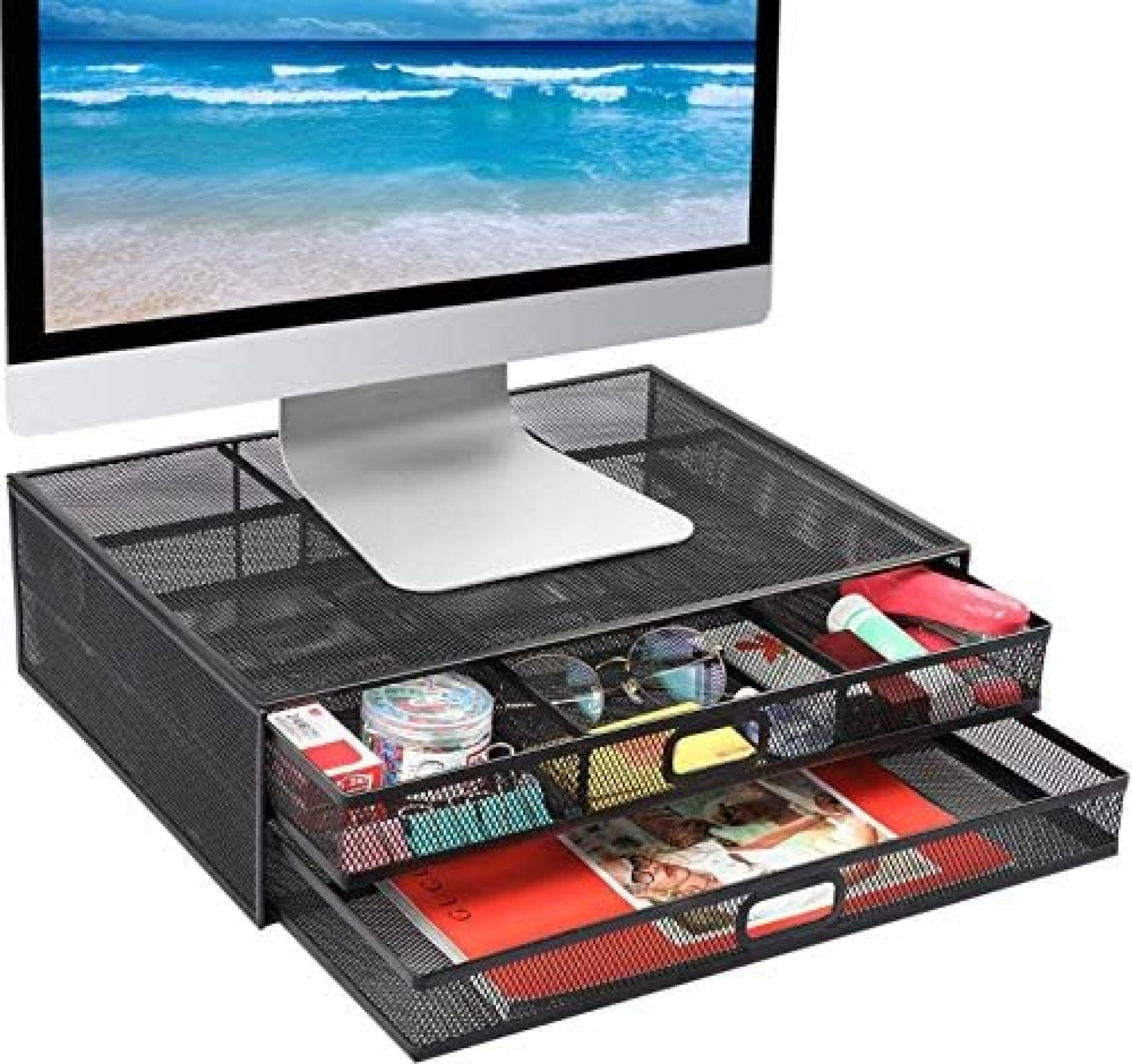 Monitor Stand Riser with Drawer – Mesh Metal Desk Organizer PC, Laptop, Notebook, Printer Holder with Pull Out Storage Drawer by HUANUO Monitor Stand Riser with Drawer – Mesh Metal Desk Organizer PC, Laptop, Notebook, Printer Holder with Pull Out Storage Drawer by HUANUO