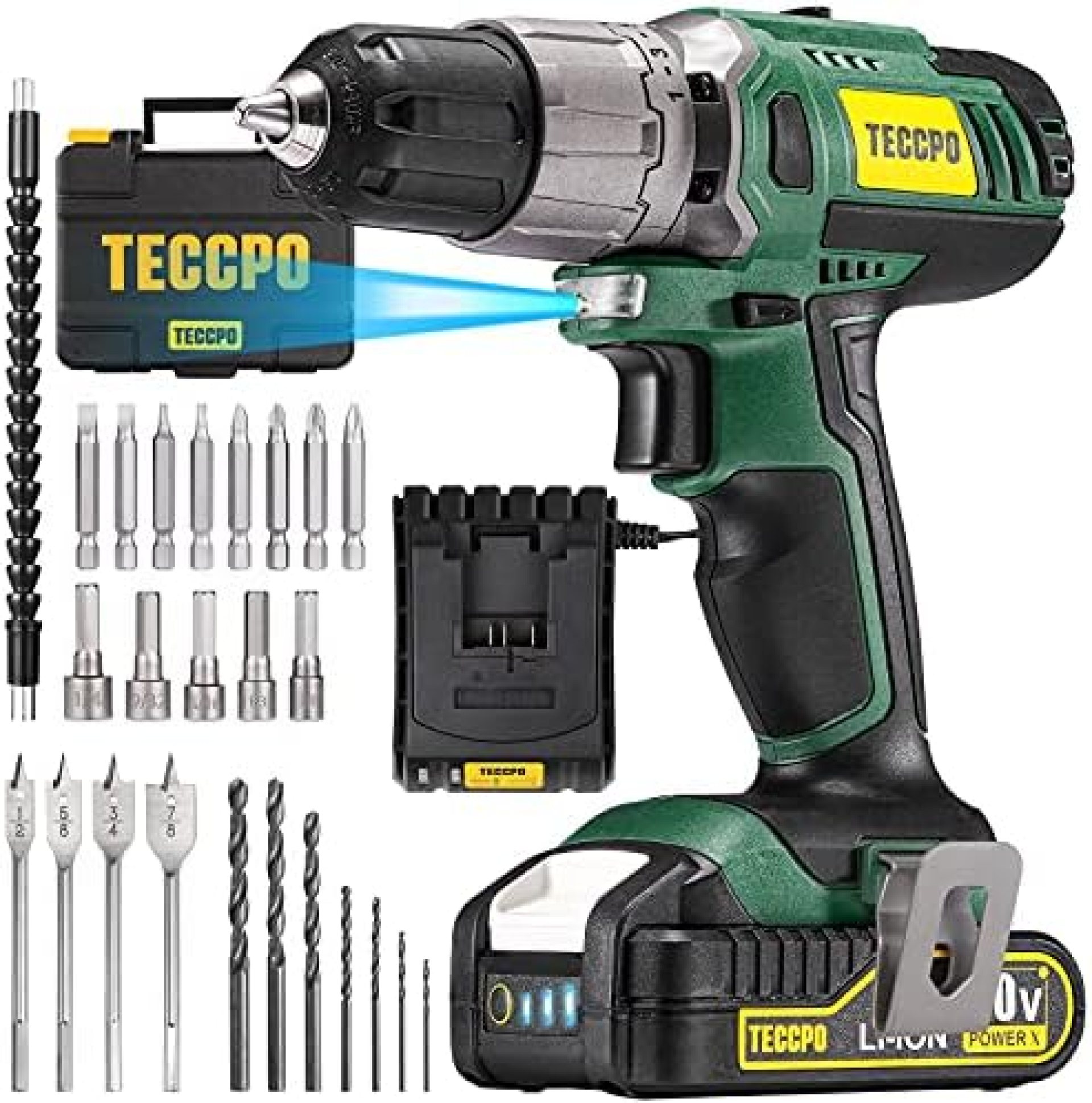 TECCPO Cordless Drill, Drill Driver Set with 29 Pcs Accessories, 2-Speed, Max 310In-lbs, 2.0Ah Battery, 60-Min Fast Charger, 21+1Torque Setting, Tool Case, Power Tool for General Household – BHD100D TECCPO Cordless Drill, Drill Driver Set with 29 Pcs Accessories, 2-Speed, Max 310In-lbs, 2.0Ah Battery, 60-Min Fast Charger, 21+1Torque Setting, Tool Case, Power Tool for General Household – BHD100D