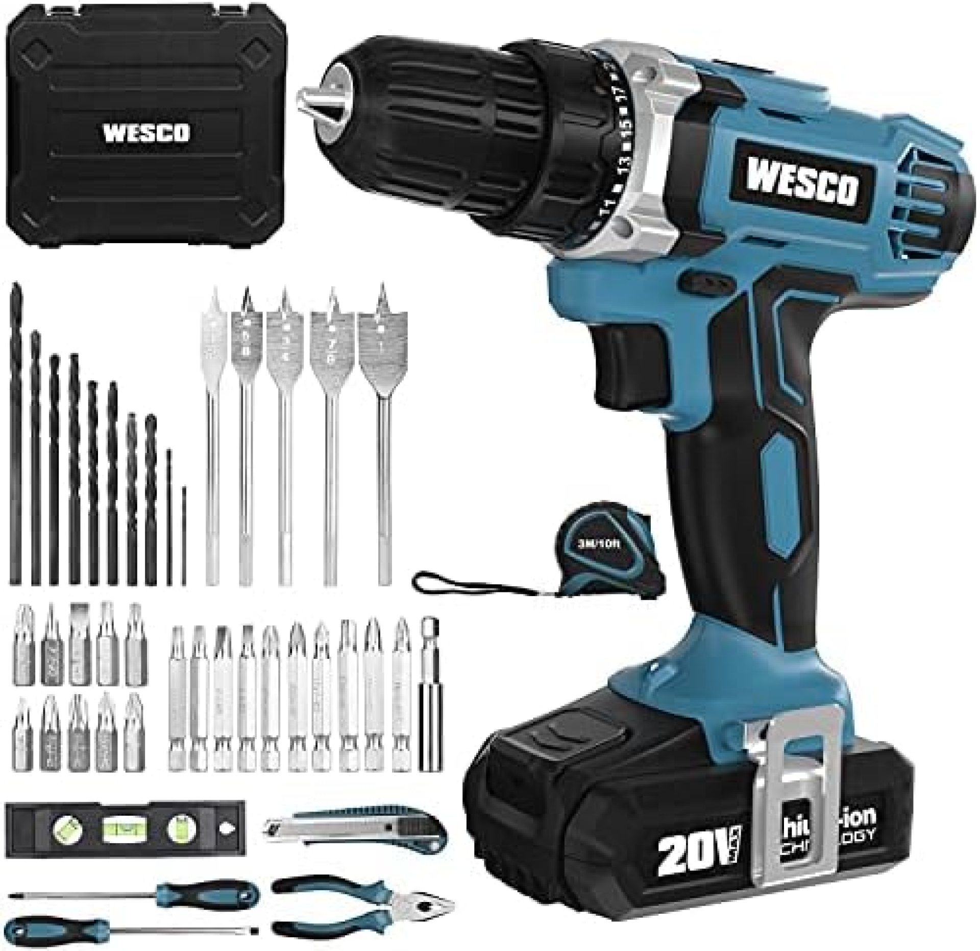 Cordless Drill Kit, WESCO 20V Electric Drill Driver Set & Home Tool Kit with 44pcs Accessories, 1x Li-ion Battery, Variable Speed, 21+1 Clutch, 3/8 inch Keyless Chuck, LED Light, Storage Case Included Cordless Drill Kit, WESCO 20V Electric Drill Driver Set & Home Tool Kit with 44pcs Accessories, 1x Li-ion Battery, Variable Speed, 21+1 Clutch, 3/8 inch Keyless Chuck, LED Light, Storage Case Included
