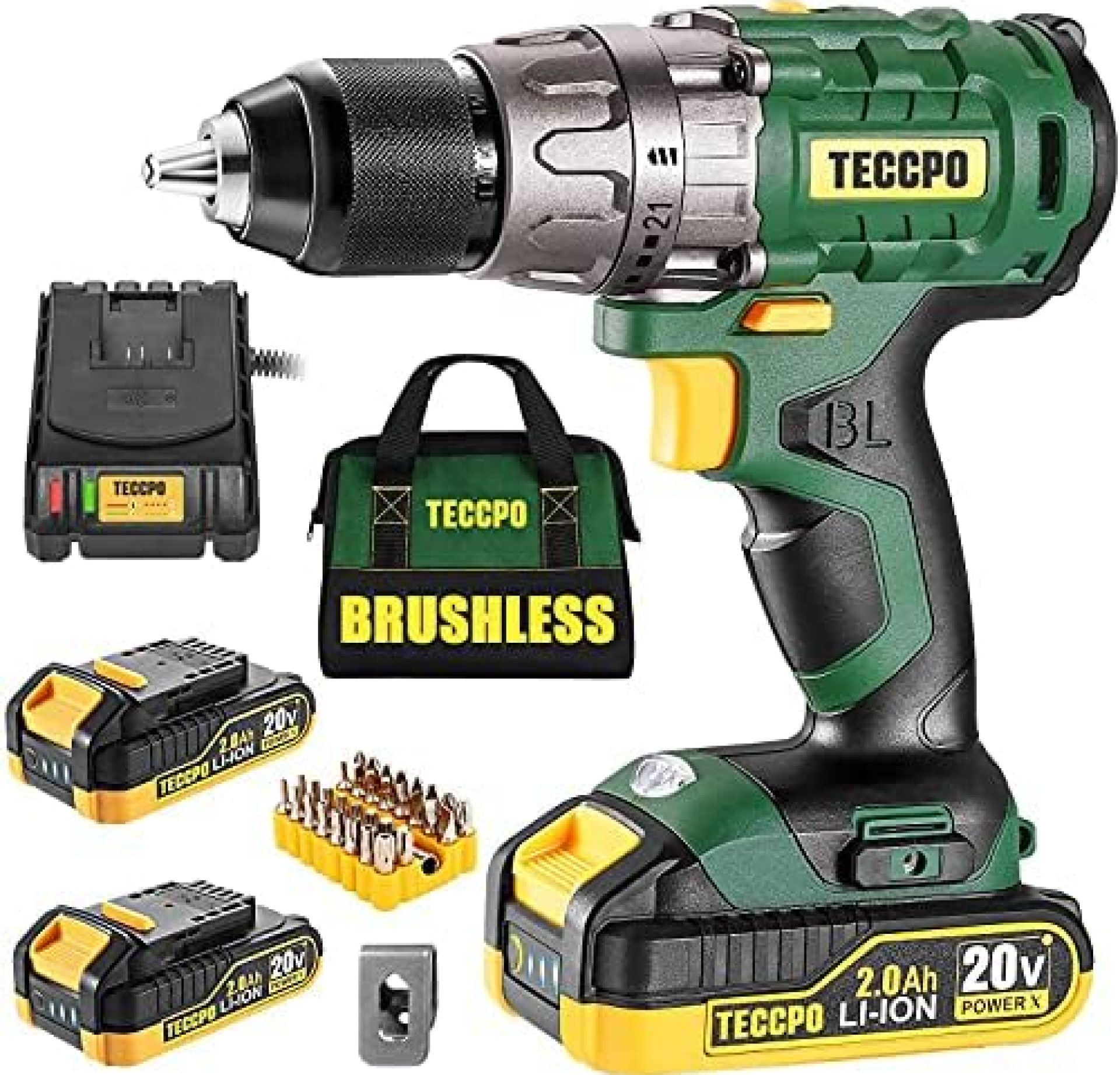 TECCPO Cordless Drill Set, 20V Brushless Drill Driver Kit, 2x 2.0Ah Li-ion Batteries, 530 In-lbs Torque, 1/2”Keyless Chuck, 2-Variable Speed, Fast Charger, 33pcs Bits Accessories with Case TECCPO Cordless Drill Set, 20V Brushless Drill Driver Kit, 2x 2.0Ah Li-ion Batteries, 530 In-lbs Torque, 1/2”Keyless Chuck, 2-Variable Speed, Fast Charger, 33pcs Bits Accessories with Case