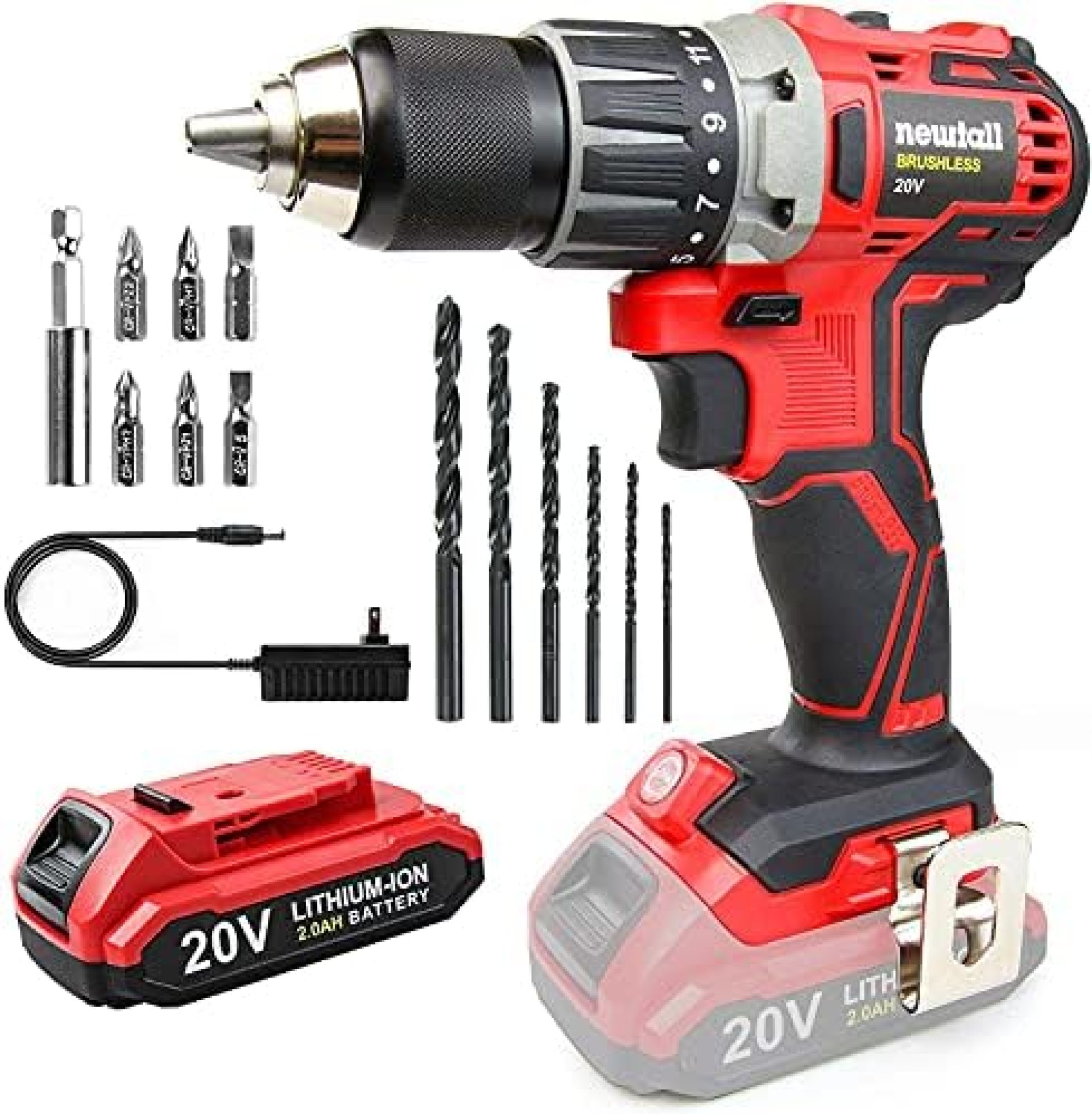 newtall 20V Brushless Cordless Drill, Power Drill Kit, 13 Piece Twist Drills& Bits Set,442 In-lbs Torque,1/2” Keyless Chuck,One Piece 2000mAh Lithium-ion Battery, Charger,Storage Box, 15+1 Torque newtall 20V Brushless Cordless Drill, Power Drill Kit, 13 Piece Twist Drills& Bits Set,442 In-lbs Torque,1/2” Keyless Chuck,One Piece 2000mAh Lithium-ion Battery, Charger,Storage Box, 15+1 Torque