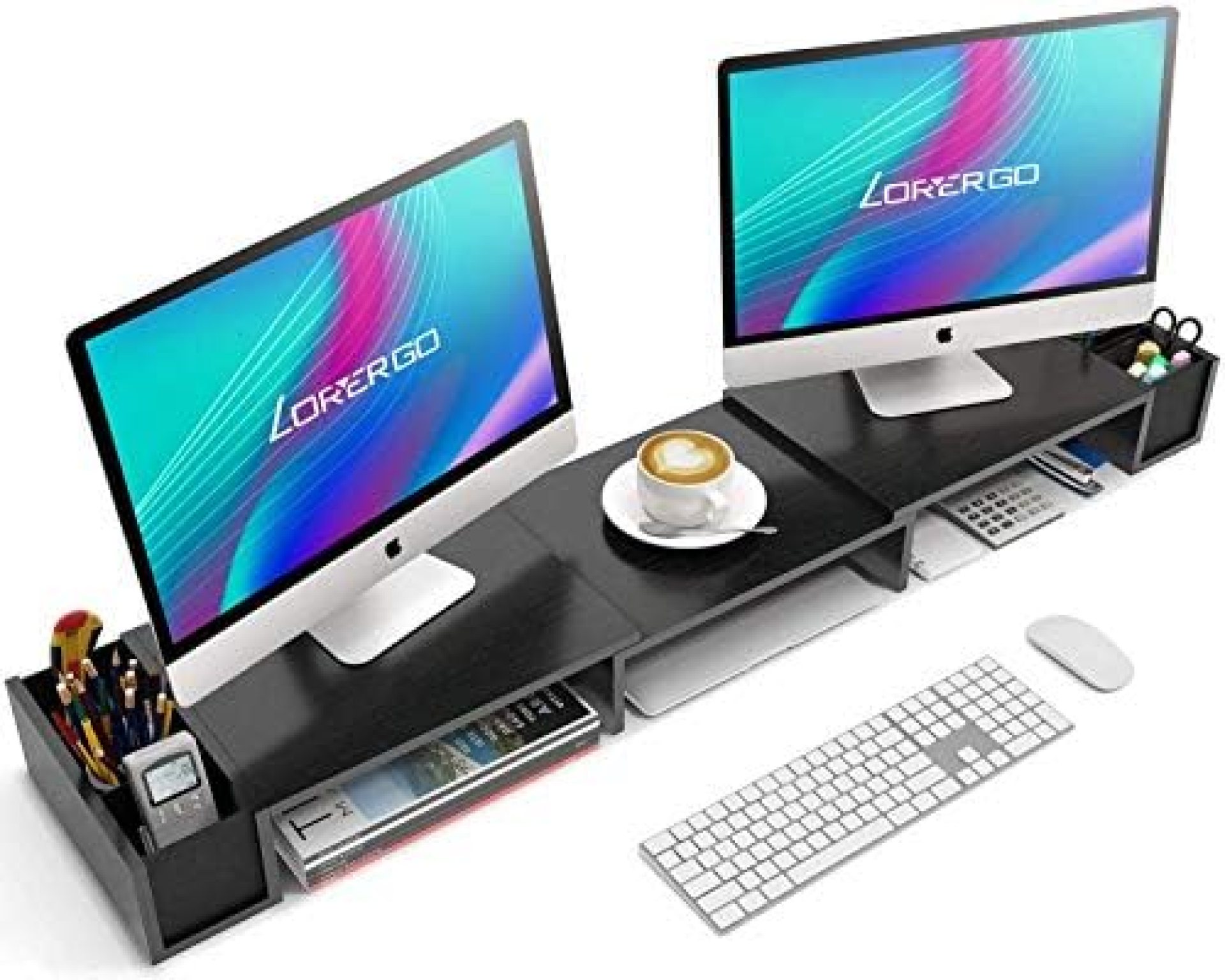 LORYERGO Dual Monitor Stand Riser – 3 Shelf Screen Laptop Stand with Storage Accessories Slots, Length and Angle Adjustable Desktop Stand Storage Organizer for Computer, Laptop LORYERGO Dual Monitor Stand Riser – 3 Shelf Screen Laptop Stand with Storage Accessories Slots, Length and Angle Adjustable Desktop Stand Storage Organizer for Computer, Laptop