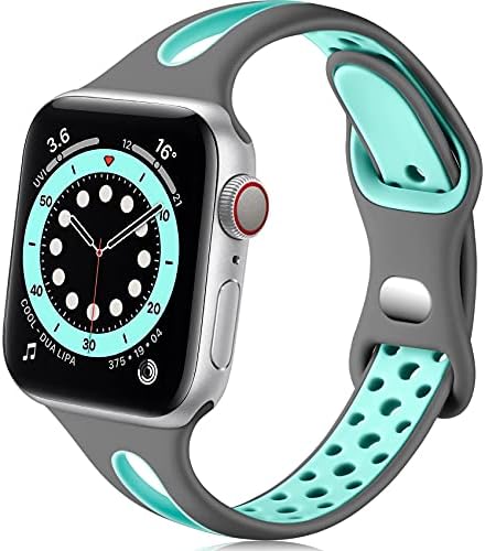 Getino Compatible with Apple Watch Band 40mm 38mm 44mm 42mm iWatch SE & Series 6 5 4 3 2 1 for Women Men, Stylish Durable Soft Silicone Breathable Slim Sport Watch Bands, Gray/Teal Getino Compatible with Apple Watch Band 40mm 38mm 44mm 42mm iWatch SE & Series 6 5 4 3 2 1 for Women Men, Stylish Durable Soft Silicone Breathable Slim Sport Watch Bands, Gray/Teal