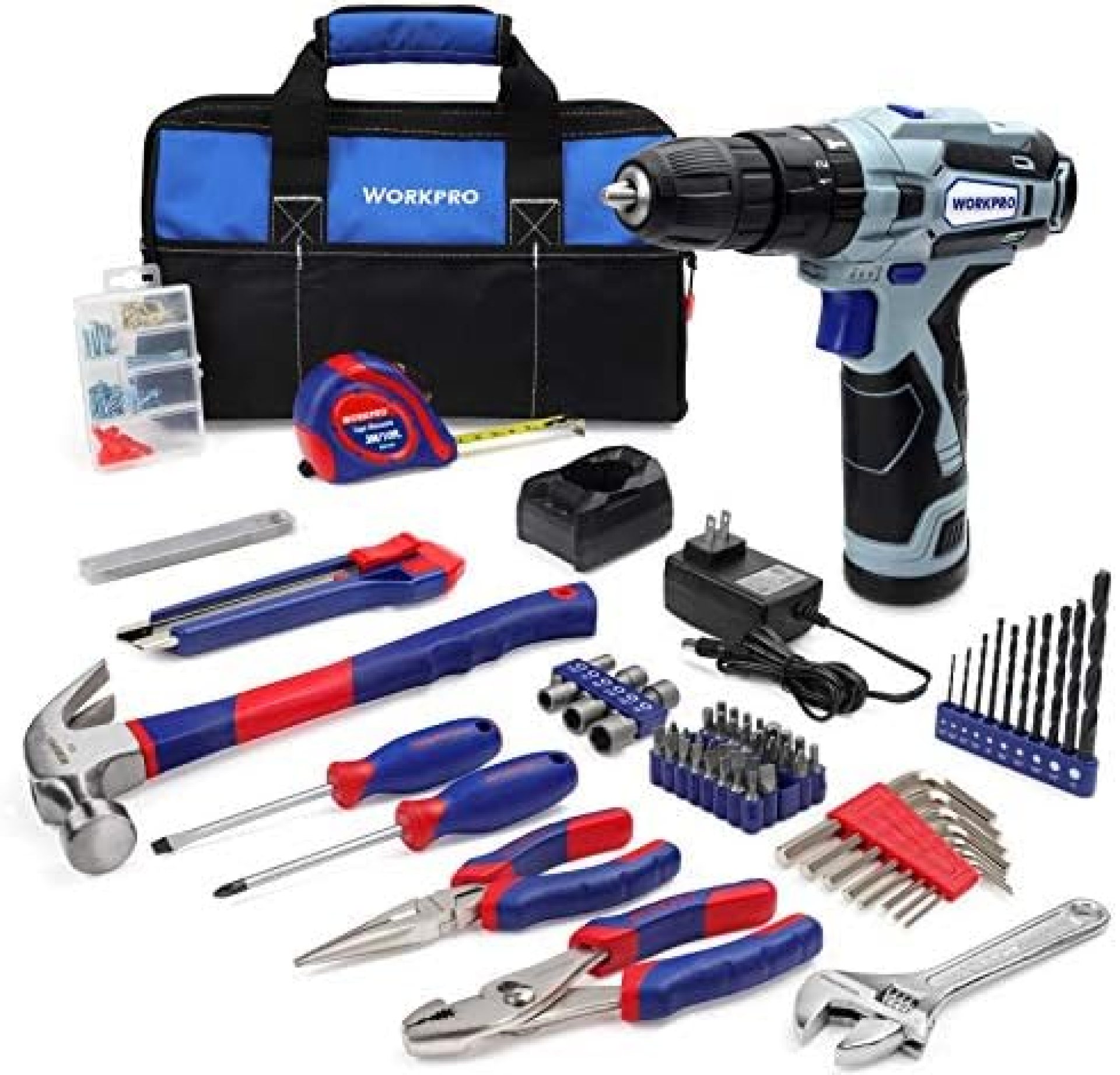 WORKPRO 12V Cordless Drill and Home Tool Kit, 177 Pieces Combo Kit with 14-inch Tool Bag WORKPRO 12V Cordless Drill and Home Tool Kit, 177 Pieces Combo Kit with 14-inch Tool Bag