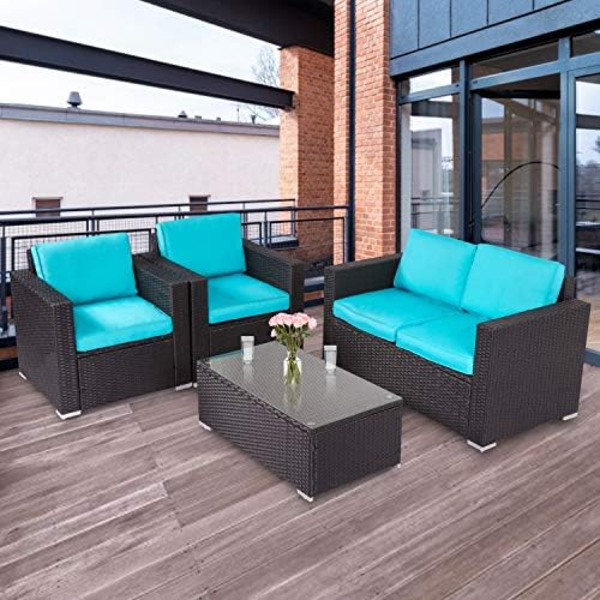 Kinbor 4 PCs Rattan Patio Outdoor Furniture Set Garden Lawn Sofa Sectional Set Black Kinbor 4 PCs Rattan Patio Outdoor Furniture Set Garden Lawn Sofa Sectional Set Black