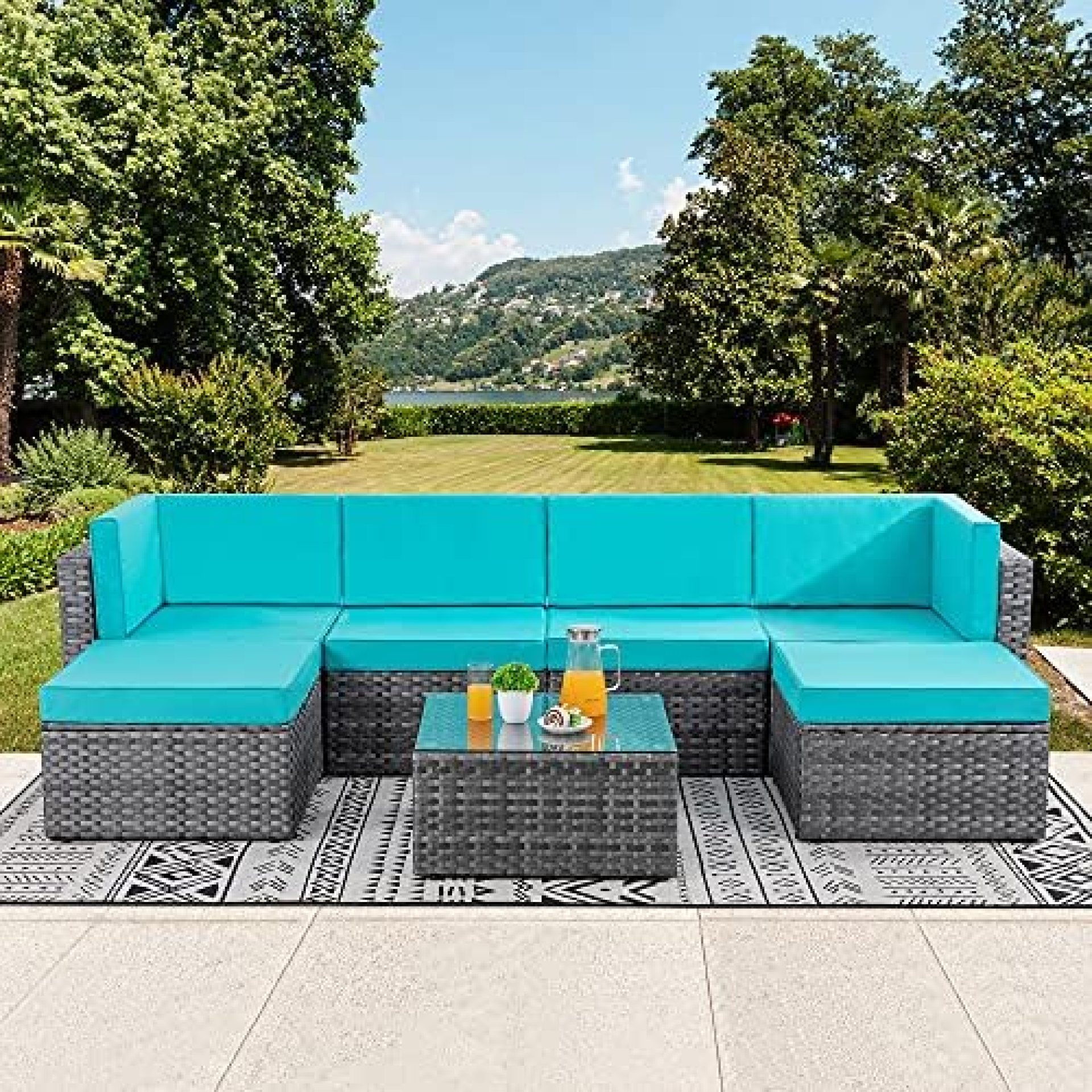 Walsunny 7pcs Patio Outdoor Furniture Sets,Low Back All-Weather Silver Gray Rattan Sectional Sofa with Tea Table&Washable Couch Cushions&Ottoman,Blue Walsunny 7pcs Patio Outdoor Furniture Sets,Low Back All-Weather Silver Gray Rattan Sectional Sofa with Tea Table&Washable Couch Cushions&Ottoman,Blue