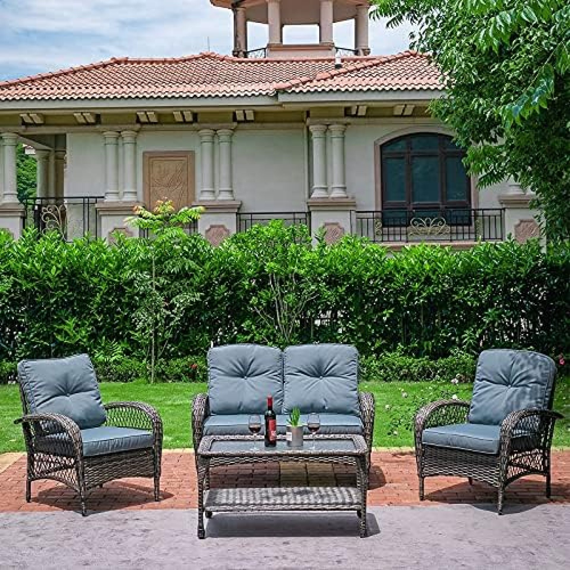 JVVMNJLK Patio Wicker Furniture Set All-Weather, Pure Manual 4 Piece Rattan Patio Furniture Set with Tempered Glass Coffee Table Suitable for Garden,Backyard,Courtyards, Deck JVVMNJLK Patio Wicker Furniture Set All-Weather, Pure Manual 4 Piece Rattan Patio Furniture Set with Tempered Glass Coffee Table Suitable for Garden,Backyard,Courtyards, Deck