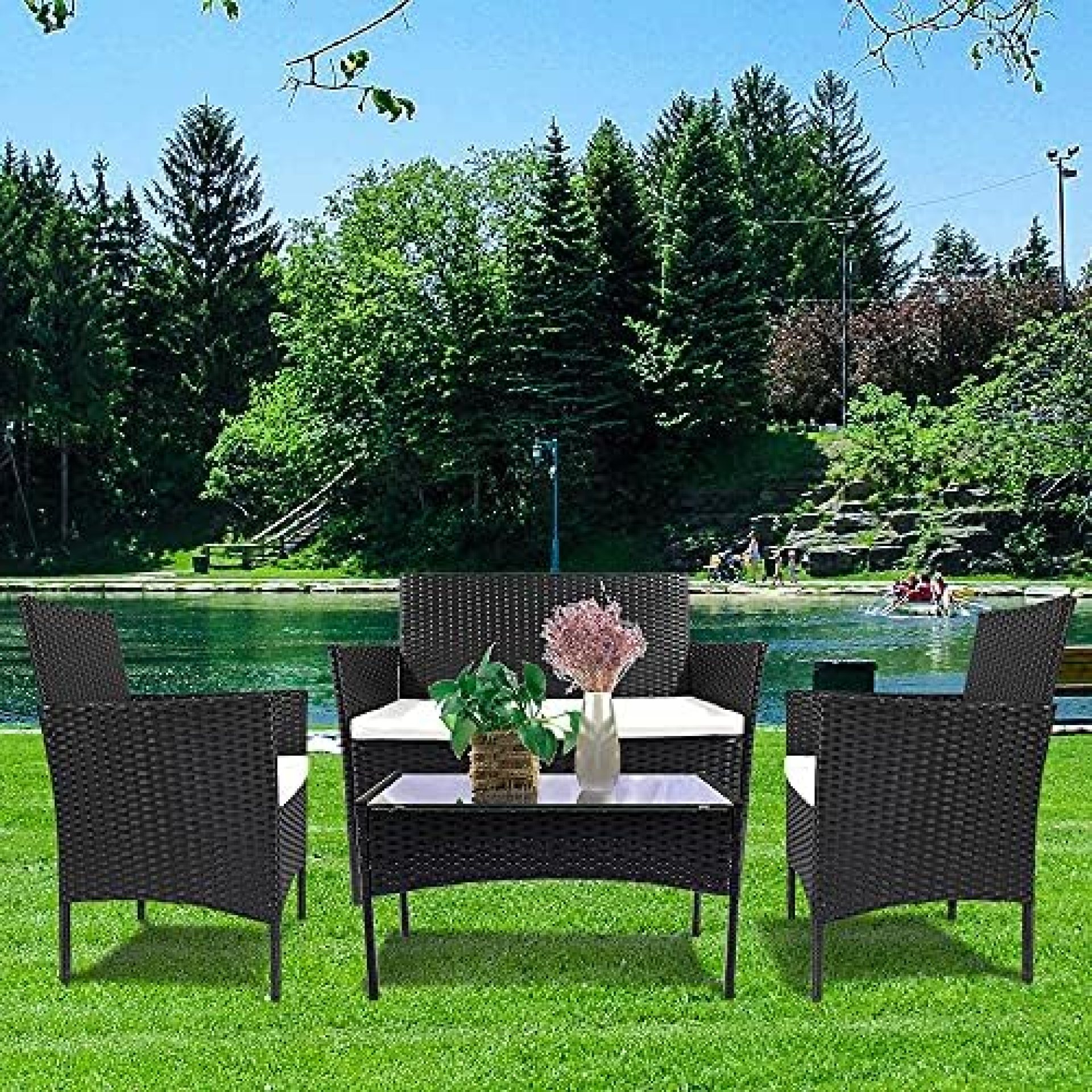 Bigzzia 4 Pieces Patio Furniture Sets Loveseat PE Wicker Sectional Small Patio Sofa Set Includes Armchairs and Table Outdoor Conversation Set with Cushions for Lawn Backyard Poolside(Black) Bigzzia 4 Pieces Patio Furniture Sets Loveseat PE Wicker Sectional Small Patio Sofa Set Includes Armchairs and Table Outdoor Conversation Set with Cushions for Lawn Backyard Poolside(Black)