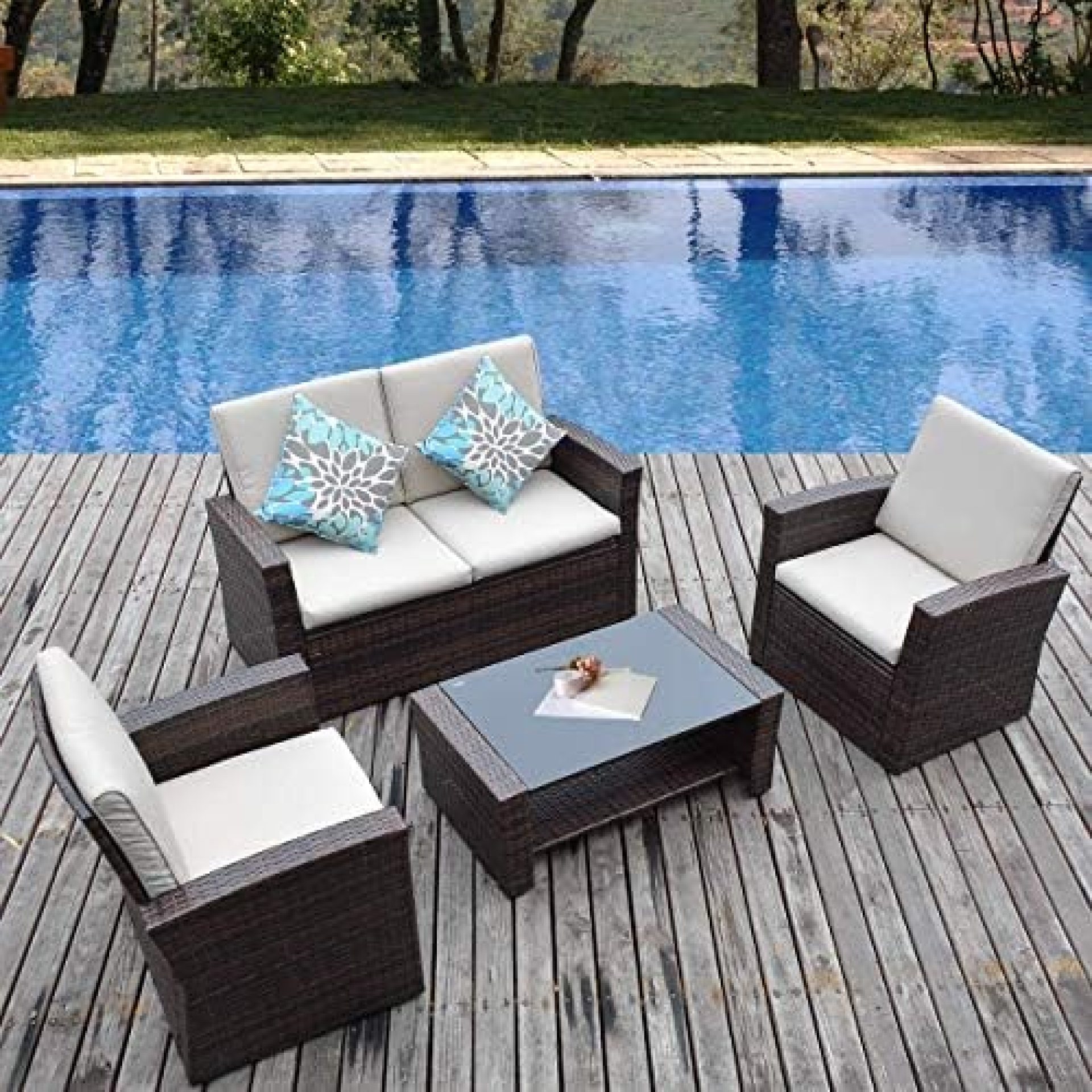 YITAHOME 5 Piece Patio Furniture Sets, All-Weather Outdoor Patio Conversation Set, PE Rattan Wicker Small Sectional Patio Sofa Set with Table, Brown YITAHOME 5 Piece Patio Furniture Sets, All-Weather Outdoor Patio Conversation Set, PE Rattan Wicker Small Sectional Patio Sofa Set with Table, Brown