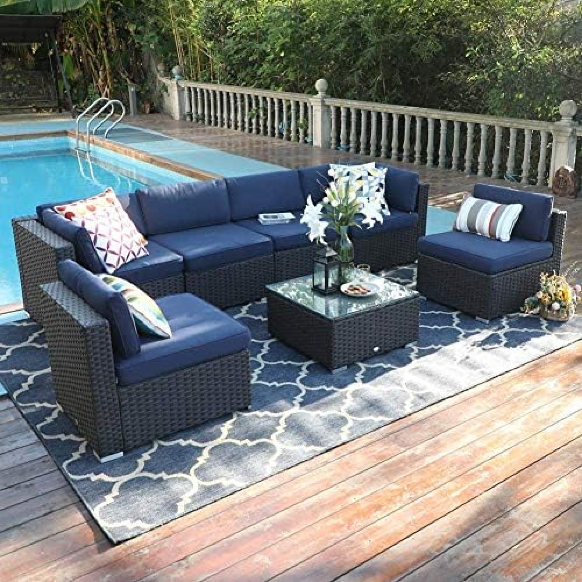 PHI VILLA Outdoor Rattan Sectional Sofa – Patio Wicker Furniture Set Outdoor Couch for Backyard, Garden (7-Piece, Navy Blue) PHI VILLA Outdoor Rattan Sectional Sofa – Patio Wicker Furniture Set Outdoor Couch for Backyard, Garden (7-Piece, Navy Blue)