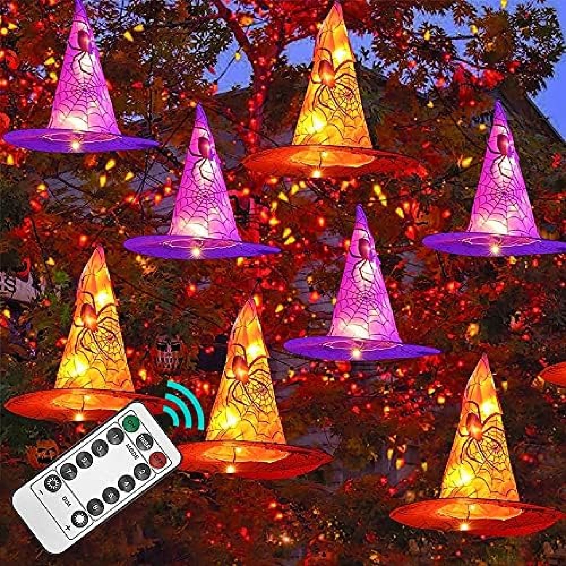 Funpeny Halloween Decoration Lights, 8 PCS Waterproof Hanging Witch Hat with String Lights with Remote, Hanging Halloween Decorations for Indoor Outdoor Garden Yard Party Decor Funpeny Halloween Decoration Lights, 8 PCS Waterproof Hanging Witch Hat with String Lights with Remote, Hanging Halloween Decorations for Indoor Outdoor Garden Yard Party Decor