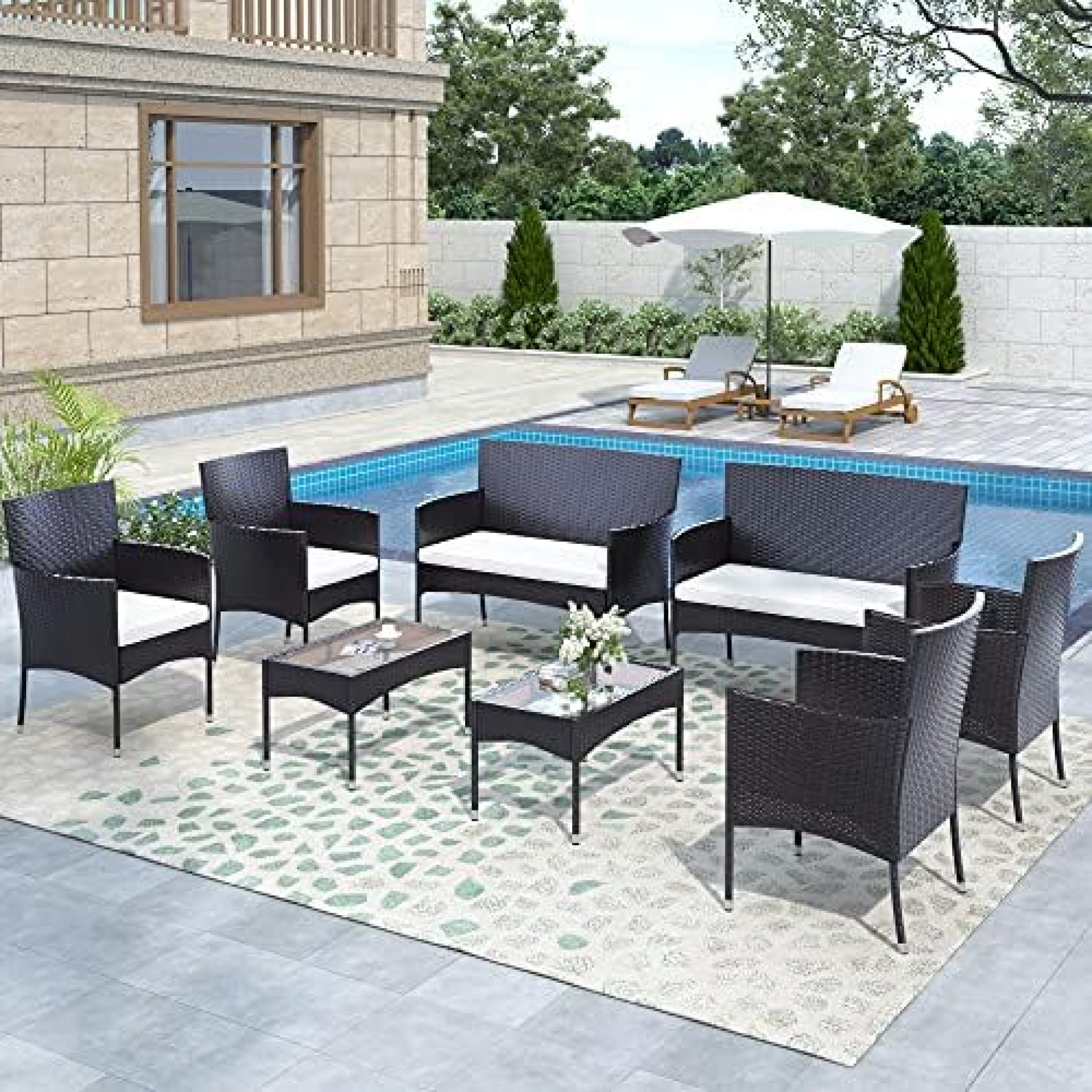 STARTOGOO 8 Pieces Rattan Furniture Set, Outdoor Wicker Patio Conversation Sofa w/Chair, Loveseat and Tempered Glass Coffee Table, Suitable Backyard Poolside Lawn Pool Garden Porch, White STARTOGOO 8 Pieces Rattan Furniture Set, Outdoor Wicker Patio Conversation Sofa w/Chair, Loveseat and Tempered Glass Coffee Table, Suitable Backyard Poolside Lawn Pool Garden Porch, White