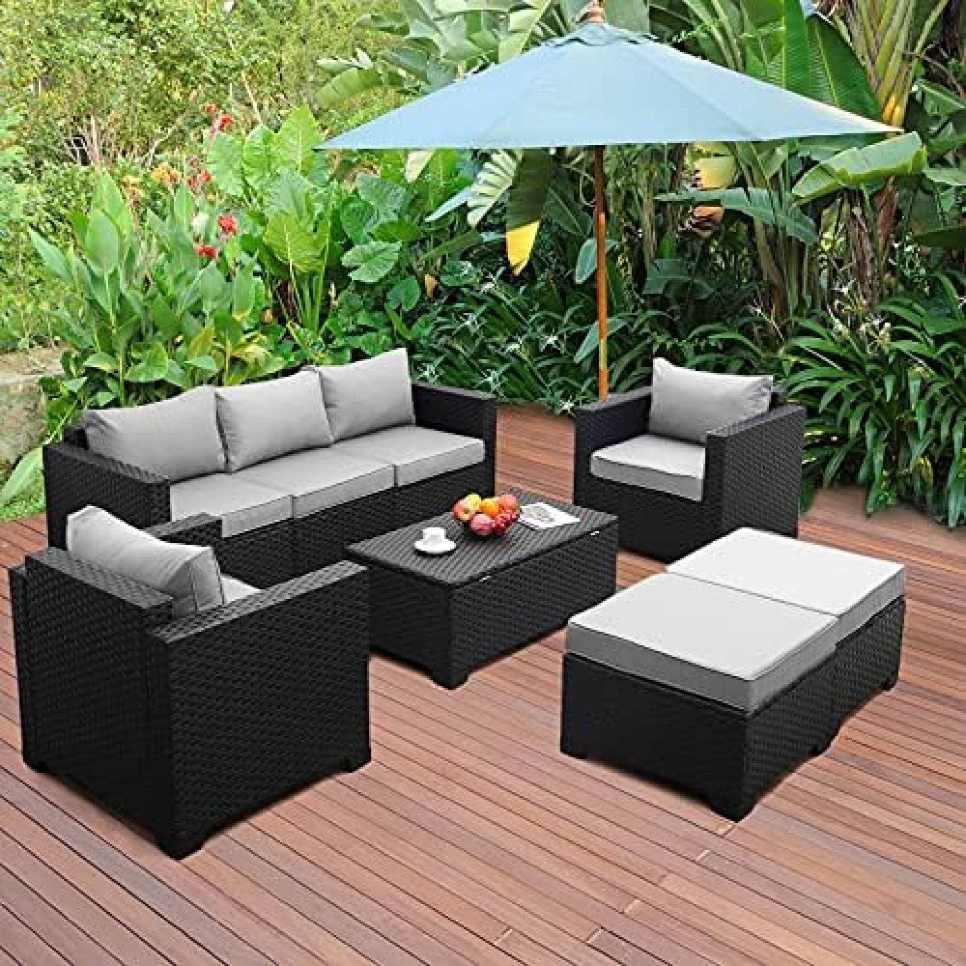 Patio Wicker Furniture Set 6 Pieces Outdoor PE Rattan Conversation Couch Sectional Chair Sofa Set with Grey Cushion Patio Wicker Furniture Set 6 Pieces Outdoor PE Rattan Conversation Couch Sectional Chair Sofa Set with Grey Cushion