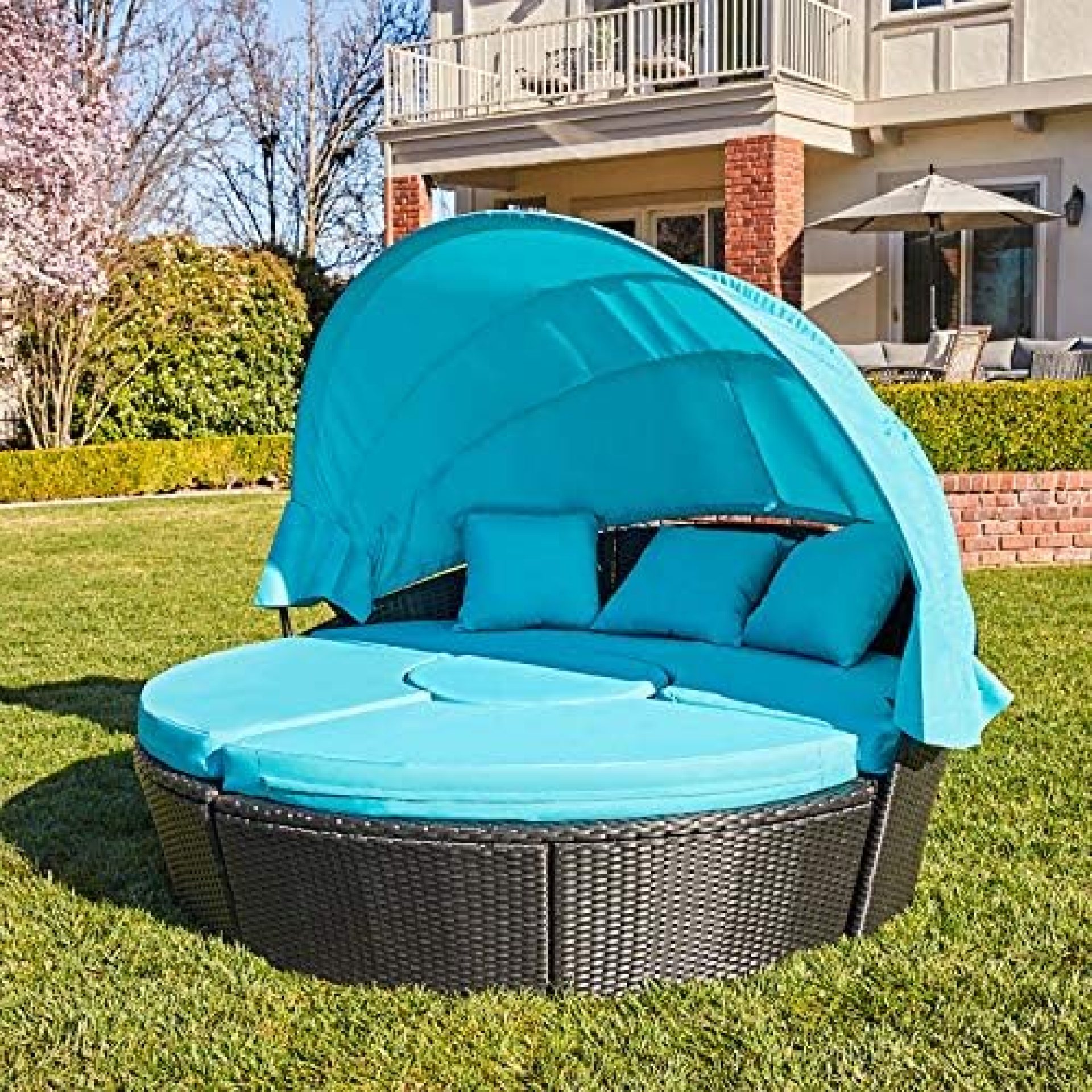 M&W Patio Furniture Outdoor Daybed with Retractable Canopy and Soft Cushions, PE Wicker Rattan Round Sectional Sofa Set for Lawn Garden Backyard Poolside, Turquoise M&W Patio Furniture Outdoor Daybed with Retractable Canopy and Soft Cushions, PE Wicker Rattan Round Sectional Sofa Set for Lawn Garden Backyard Poolside, Turquoise