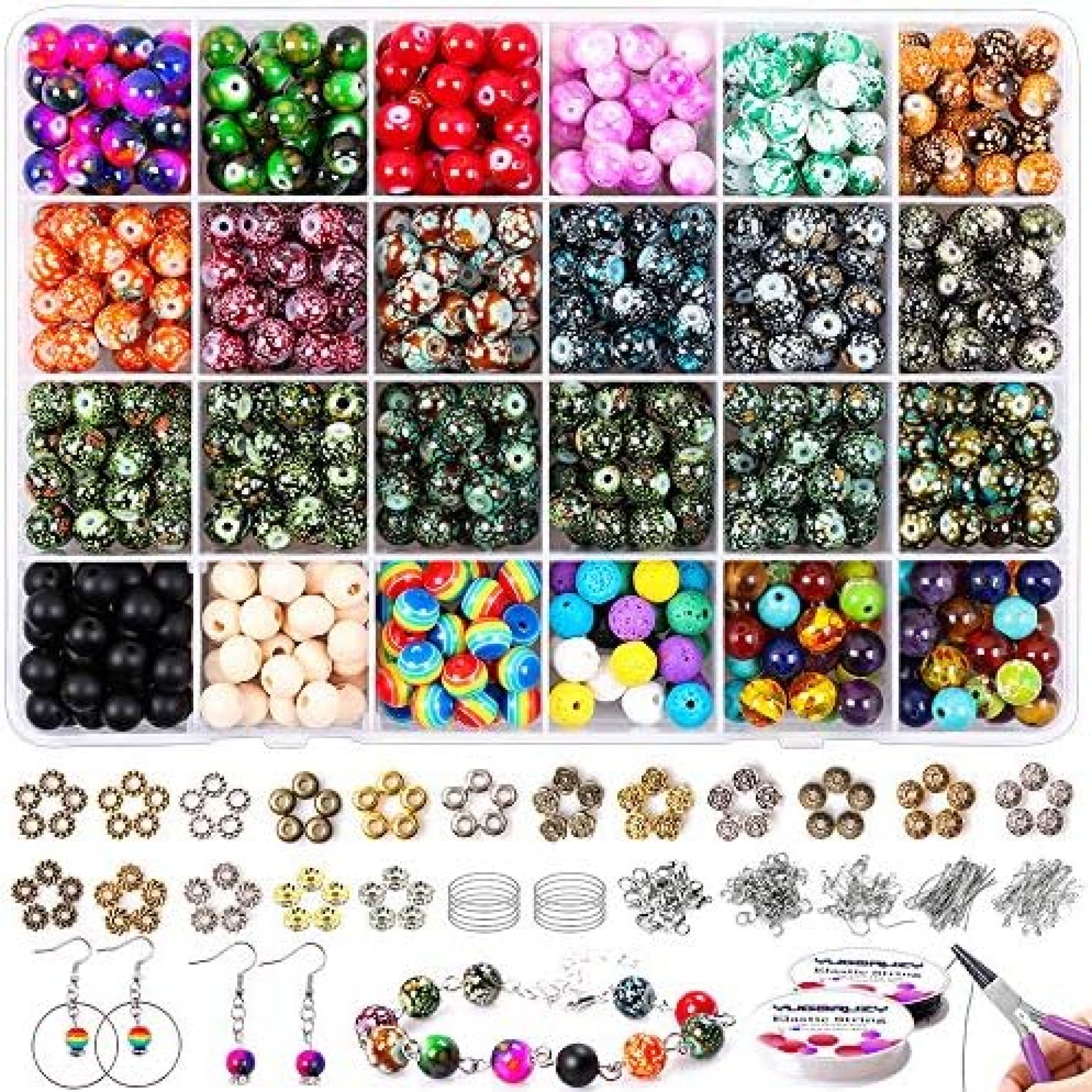 Beads for Jewelry Making,8mm Round Gemstone Decorative Pattern Acrylic Stone Beads Supplies Kit with Wood Chakra Lava Bead,Pliers,Findings,Charms and 2 Crystal String for DIY Bracelets Making Adults Beads for Jewelry Making,8mm Round Gemstone Decorative Pattern Acrylic Stone Beads Supplies Kit with Wood Chakra Lava Bead,Pliers,Findings,Charms and 2 Crystal String for DIY Bracelets Making Adults