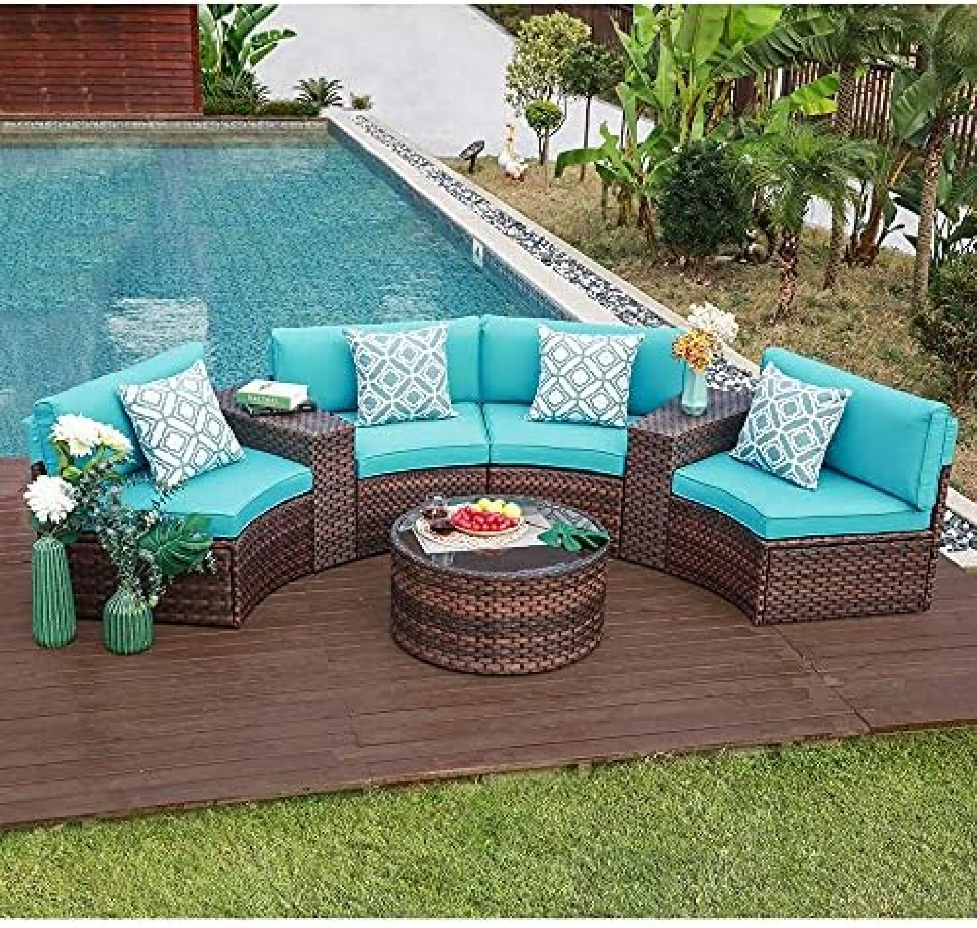 OC Orange-Casual Outdoor Furniture Brown Rattan Set Half-Moon Patio All-Weather Wicker Sofa with Coffee Table, Turquoise Cushion 7-Piece (Pillows Included) OC Orange-Casual Outdoor Furniture Brown Rattan Set Half-Moon Patio All-Weather Wicker Sofa with Coffee Table, Turquoise Cushion 7-Piece (Pillows Included)