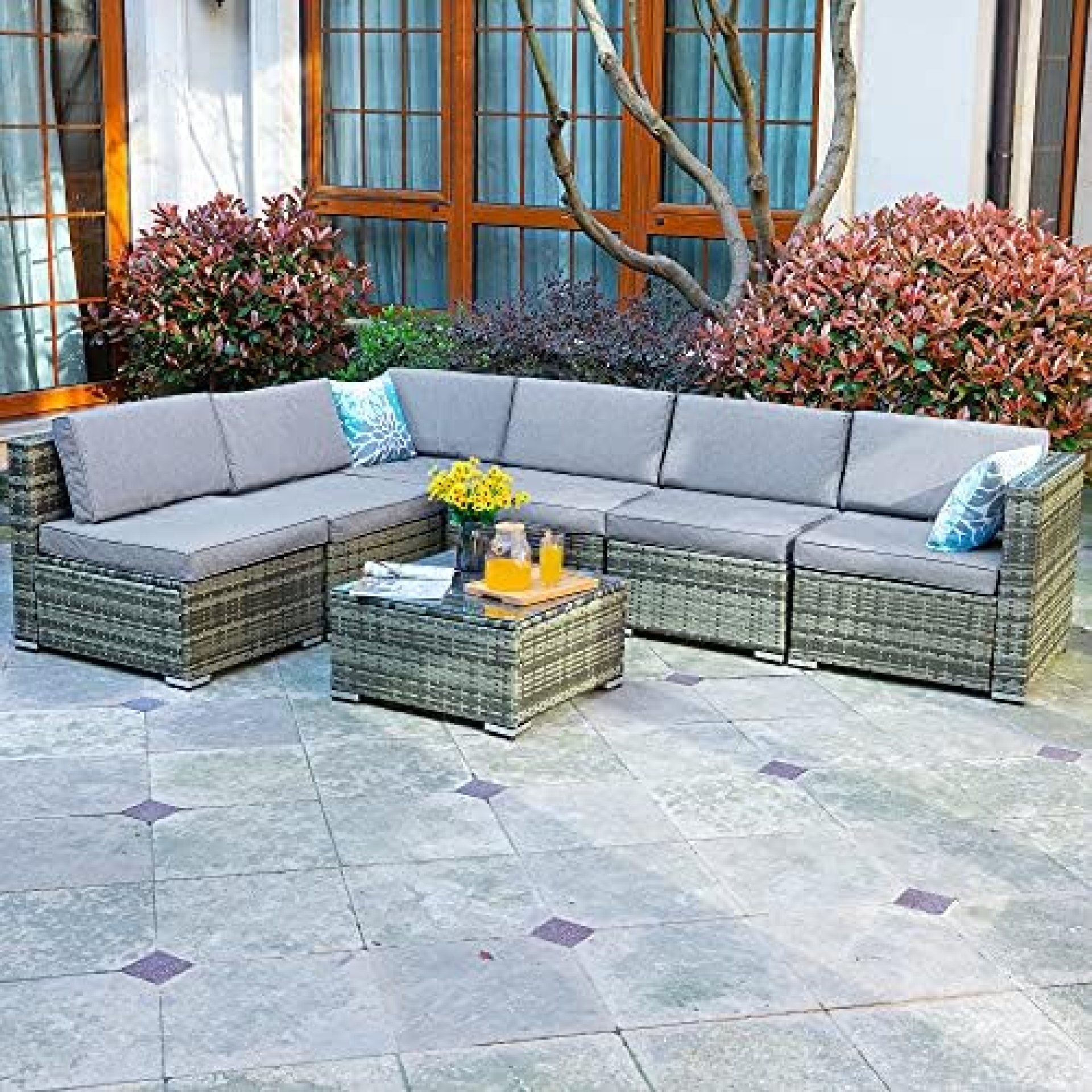 YITAHOME 7 Piece Outdoor Patio Furniture Sets, Garden Conversation Wicker Sofa Set, and Patio Sectional Furniture Sofa Set with Coffee Table and Cushion for Lawn, Backyard, and Poolside, Gray Gradient YITAHOME 7 Piece Outdoor Patio Furniture Sets, Garden Conversation Wicker Sofa Set, and Patio Sectional Furniture Sofa Set with Coffee Table and Cushion for Lawn, Backyard, and Poolside, Gray Gradient