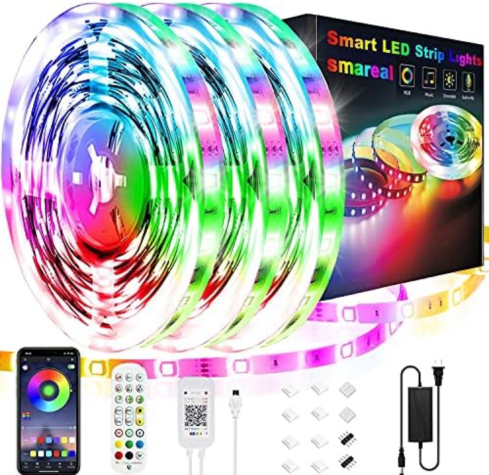 50ft Led Strip Lights, smareal Led Lights Strip Music Sync Color Changing Led Strip Lights App Control and Remote Led Lights for Bedroom Party Home Decoration(3 Rolls of 16.4ft) 50ft Led Strip Lights, smareal Led Lights Strip Music Sync Color Changing Led Strip Lights App Control and Remote Led Lights for Bedroom Party Home Decoration(3 Rolls of 16.4ft)
