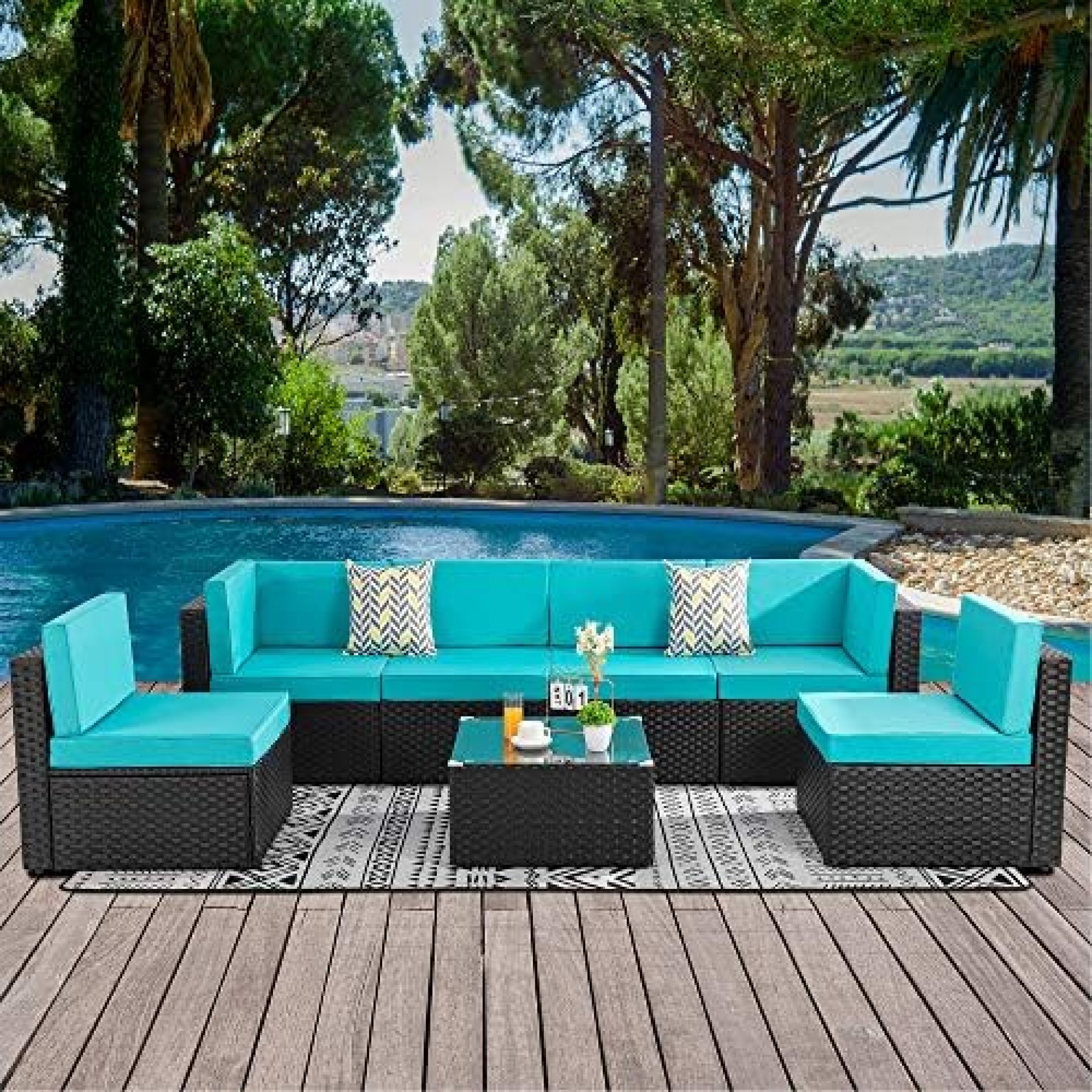 Walsunny 7 Pieces Patio Outdoor Furniture Sets,Low Back All-Weather Rattan Sectional Sofa with Tea Table&Washable Couch Cushions (Black Rattan)(Blue) Walsunny 7 Pieces Patio Outdoor Furniture Sets,Low Back All-Weather Rattan Sectional Sofa with Tea Table&Washable Couch Cushions (Black Rattan)(Blue)