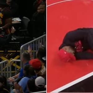 Horrific moment NBA fan suffers gruesome injury and is stretchered off court during in-game contest Horrific moment NBA fan suffers gruesome injury and is stretchered off court during in-game contest