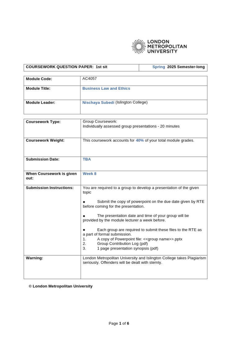 AC4057-Business Law and Ethics S25 (1st Sit) – GRP QP AC4057-Business Law and Ethics S25 (1st Sit) – GRP QP