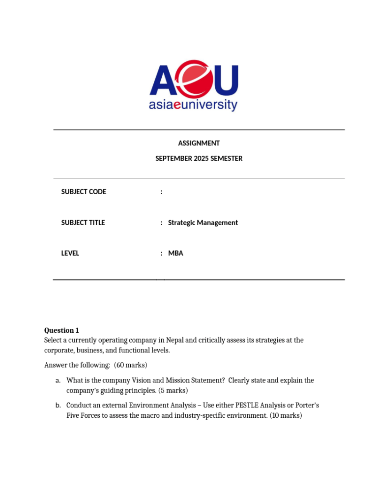Assignment – Strategic Management Assignment – Strategic Management