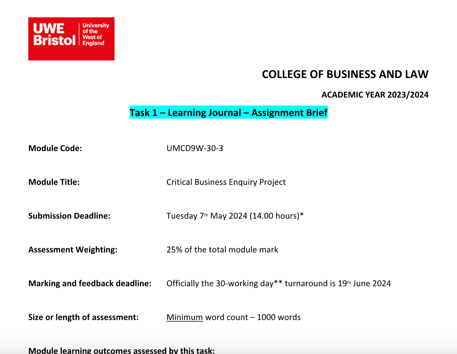 Module Code: UMCD9W-30-3 Module Title: Critical Business Enquiry Project Module Code: UMCD9W-30-3 Module Title: Critical Business Enquiry Project