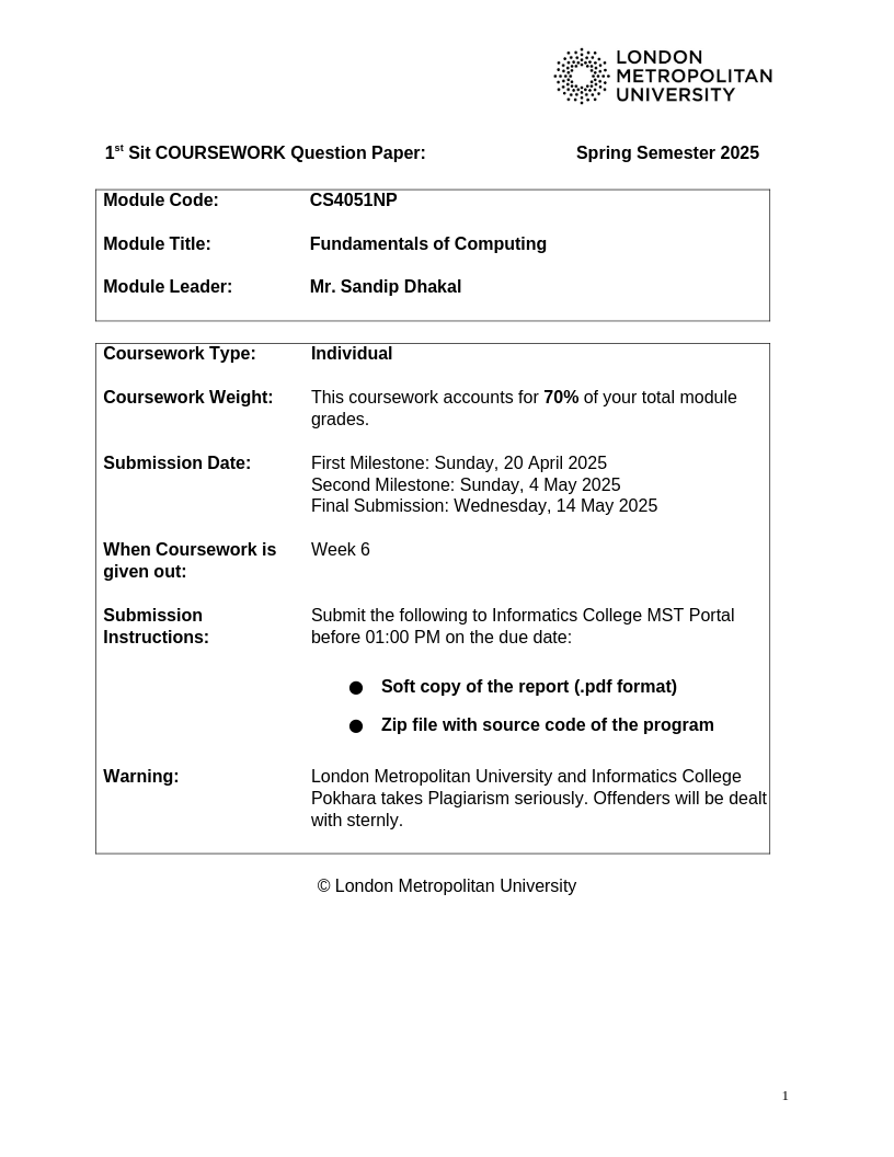 CS4051NP Fundamentals of Computing Spring24(1st sit) – CW1 QP (Spring) CS4051NP Fundamentals of Computing Spring24(1st sit) – CW1 QP (Spring)