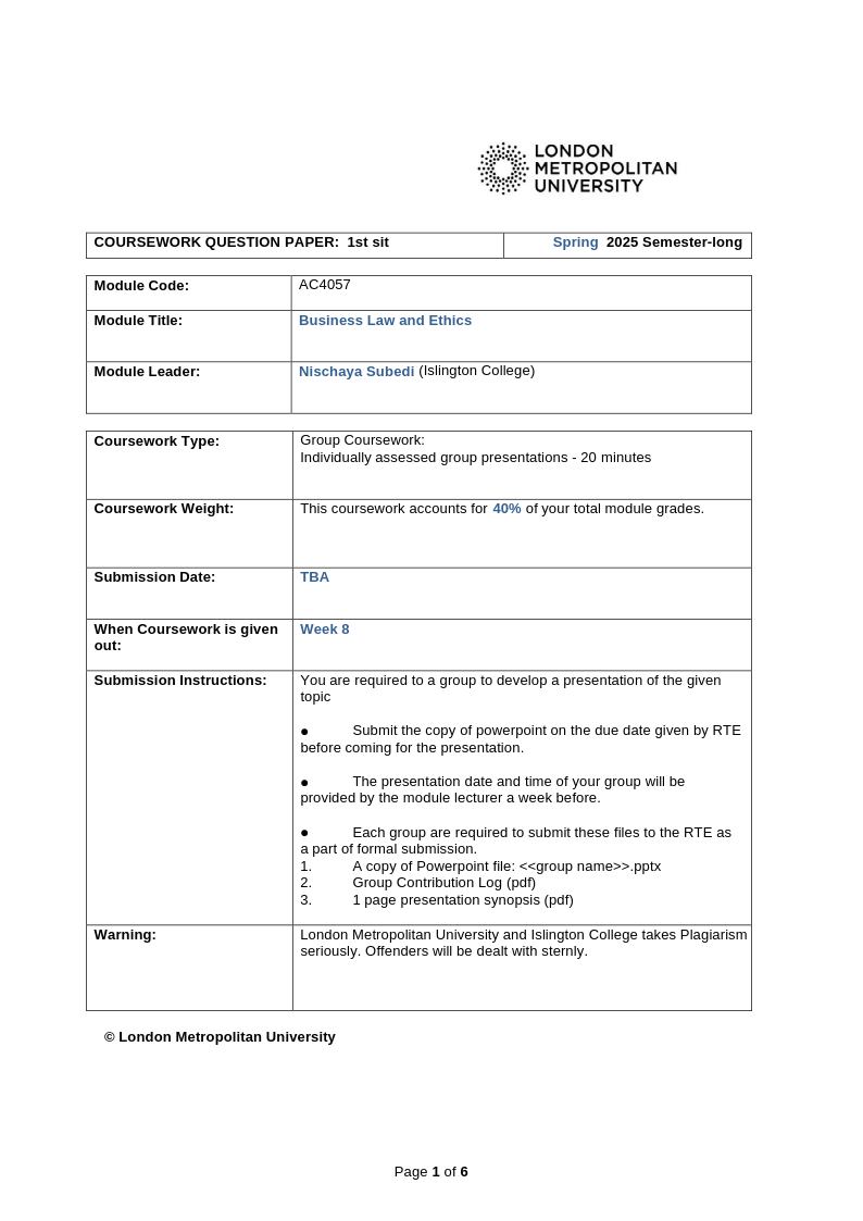 AC4057-Business Law and Ethics S25 (1st Sit) – GRP QP AC4057-Business Law and Ethics S25 (1st Sit) – GRP QP