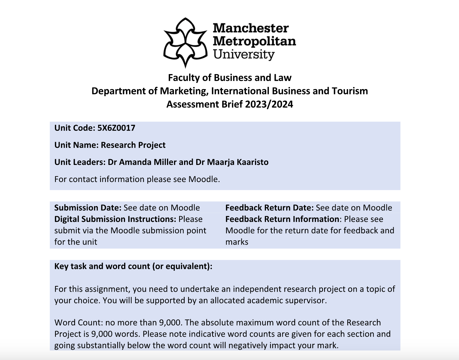 Unit Code: 5X6Z0017 Unit Name: Research Project – Department of Marketing, International Business and Tourism Unit Code: 5X6Z0017 Unit Name: Research Project – Department of Marketing, International Business and Tourism