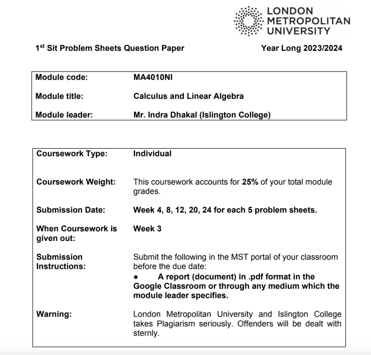 MA4010NI Calculus and Linear Algebra Islington College MA4010NI Calculus and Linear Algebra Islington College